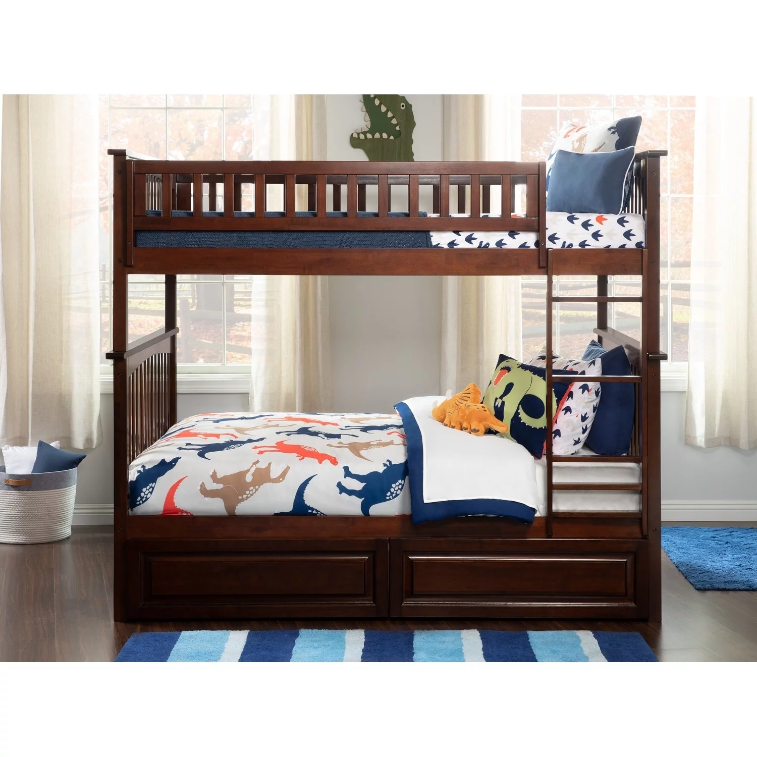 Atlantic Furniture  Columbia Bunkbed with Raised Panel Bed Storage Drawers - Antique Walnut - Full Over Full Size