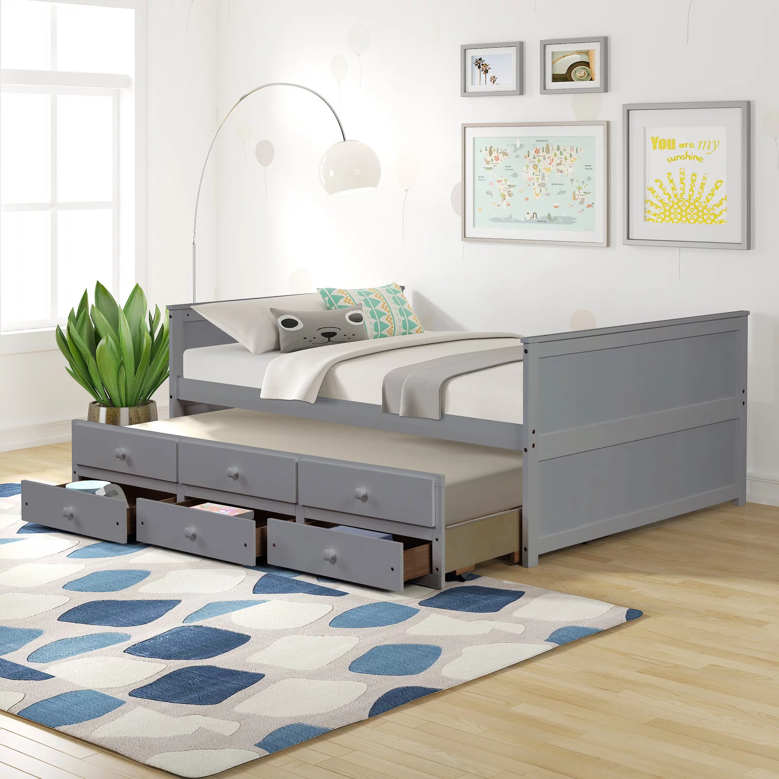 Wood Bed Captain's Bed Storage Full Daybed with Twin Size Trundle and Three Drawers Platform Bed Kids Bed