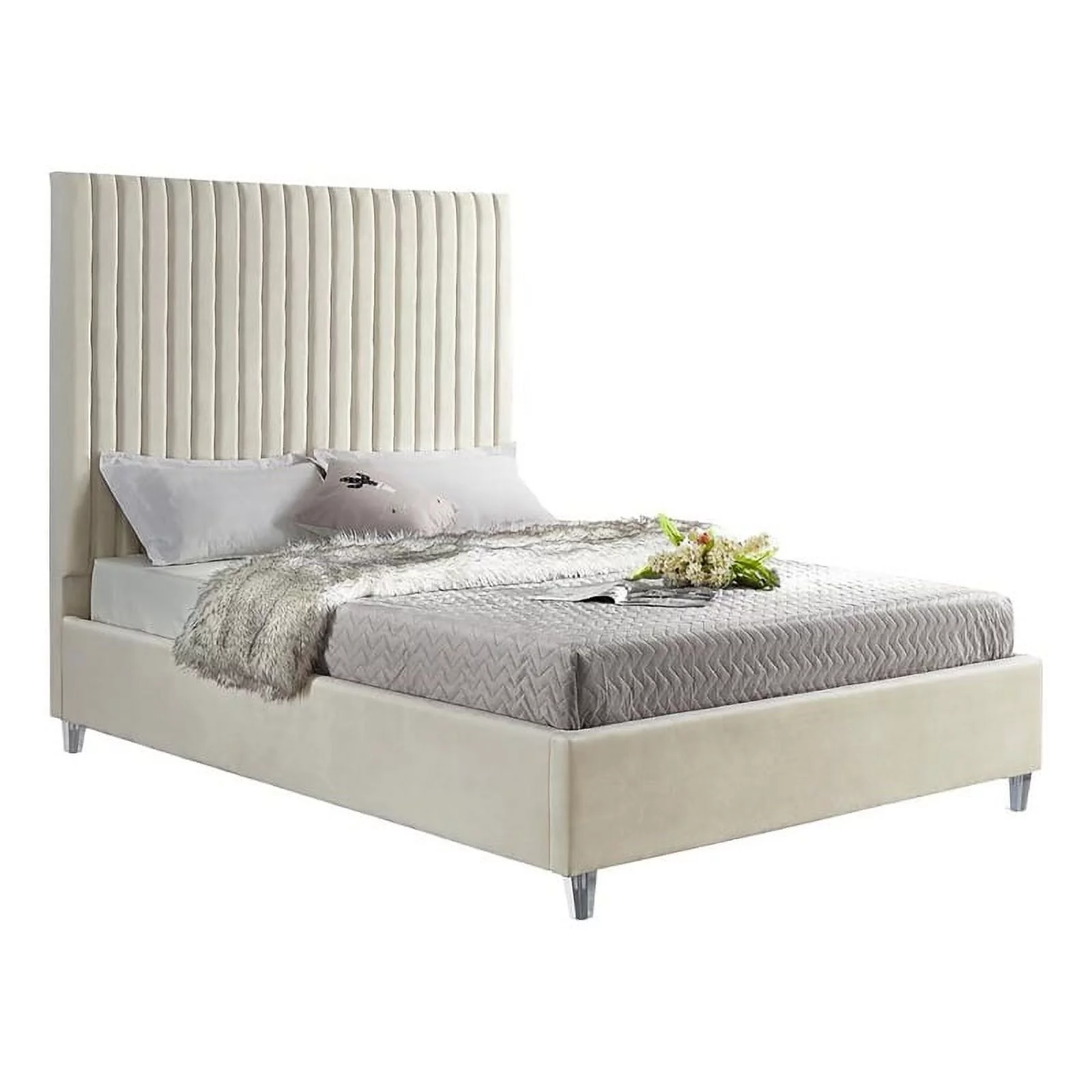 Maklaine Modern Velvet Fabric Upholstered Deep Channel Tufted King Bed in Cream