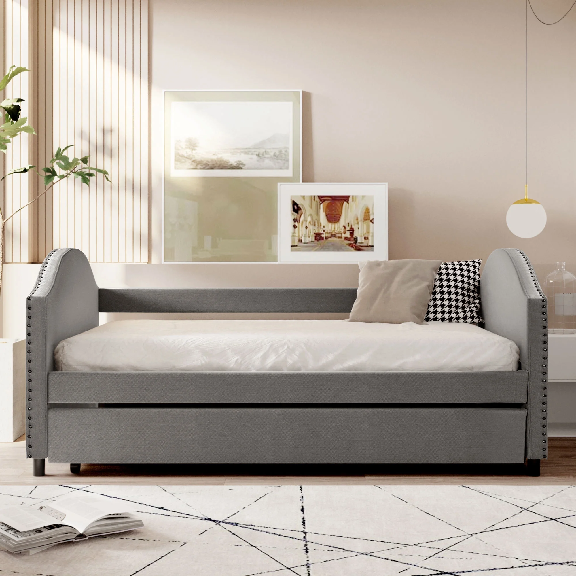 Dawn Whisper Full size Upholstered Daybed with Twin Size Trundle, Wood Slat Support, Gray