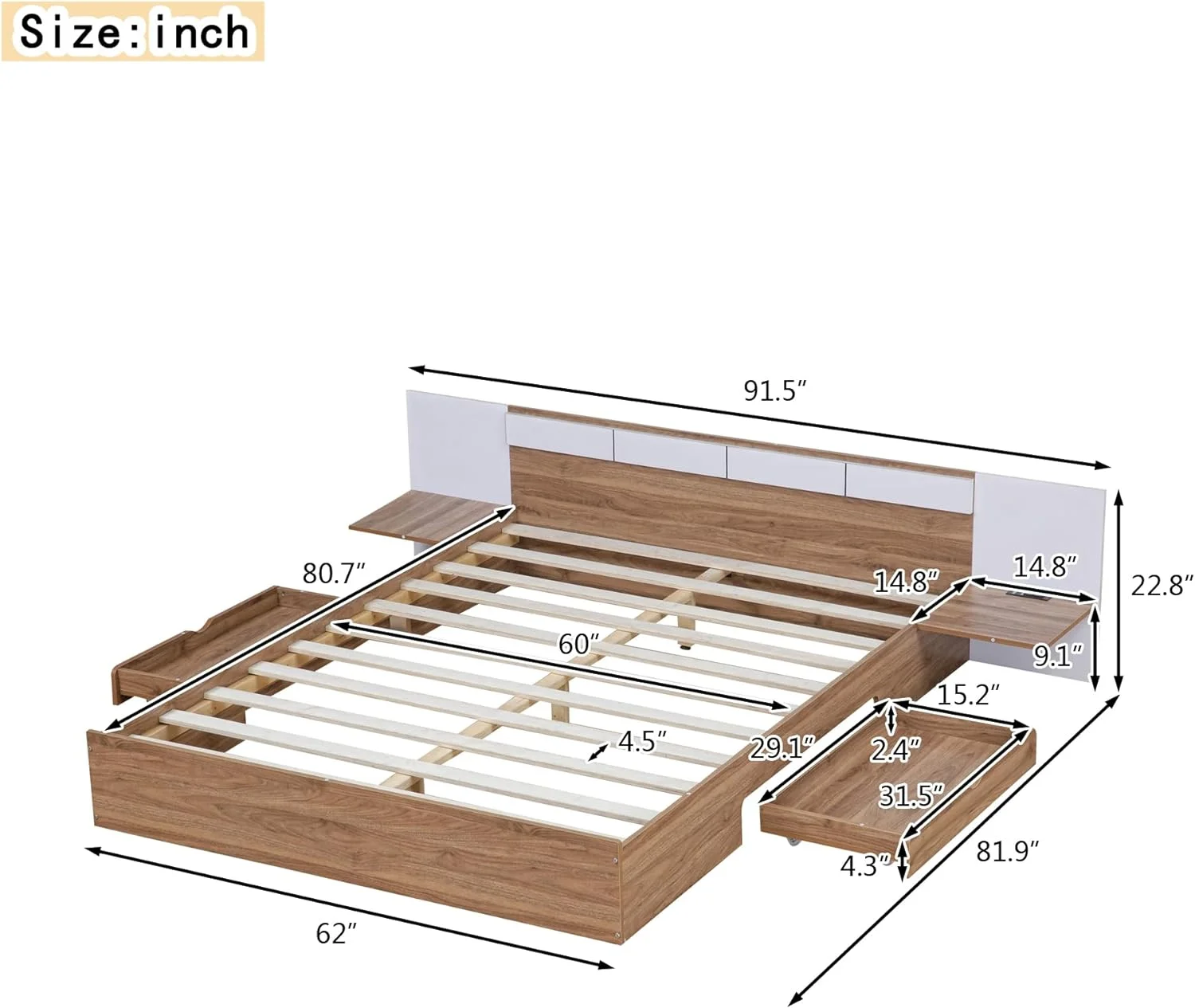Queen Bed Frame With Storage Drawers, Wood Platform Bed With Headboard And Power Outlets, USB Ports Charging Station, Storage Shelves, Wooden Slats Support, No Box Spring Needed, Natural
