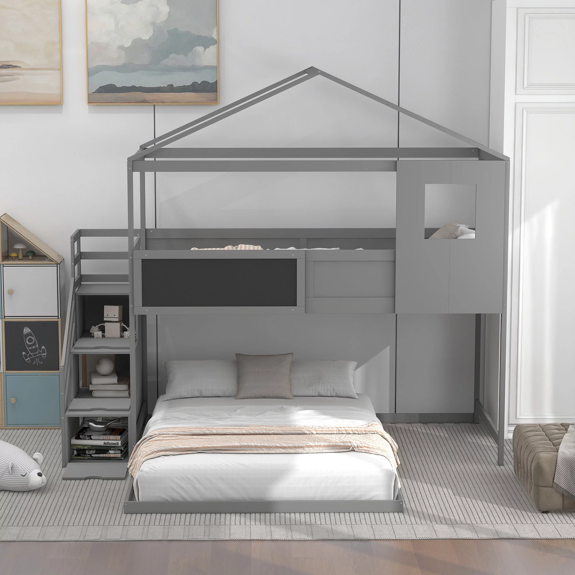Livspace Twin over Full House Bunk Bed with Storage Staircase and Blackboard,Grey