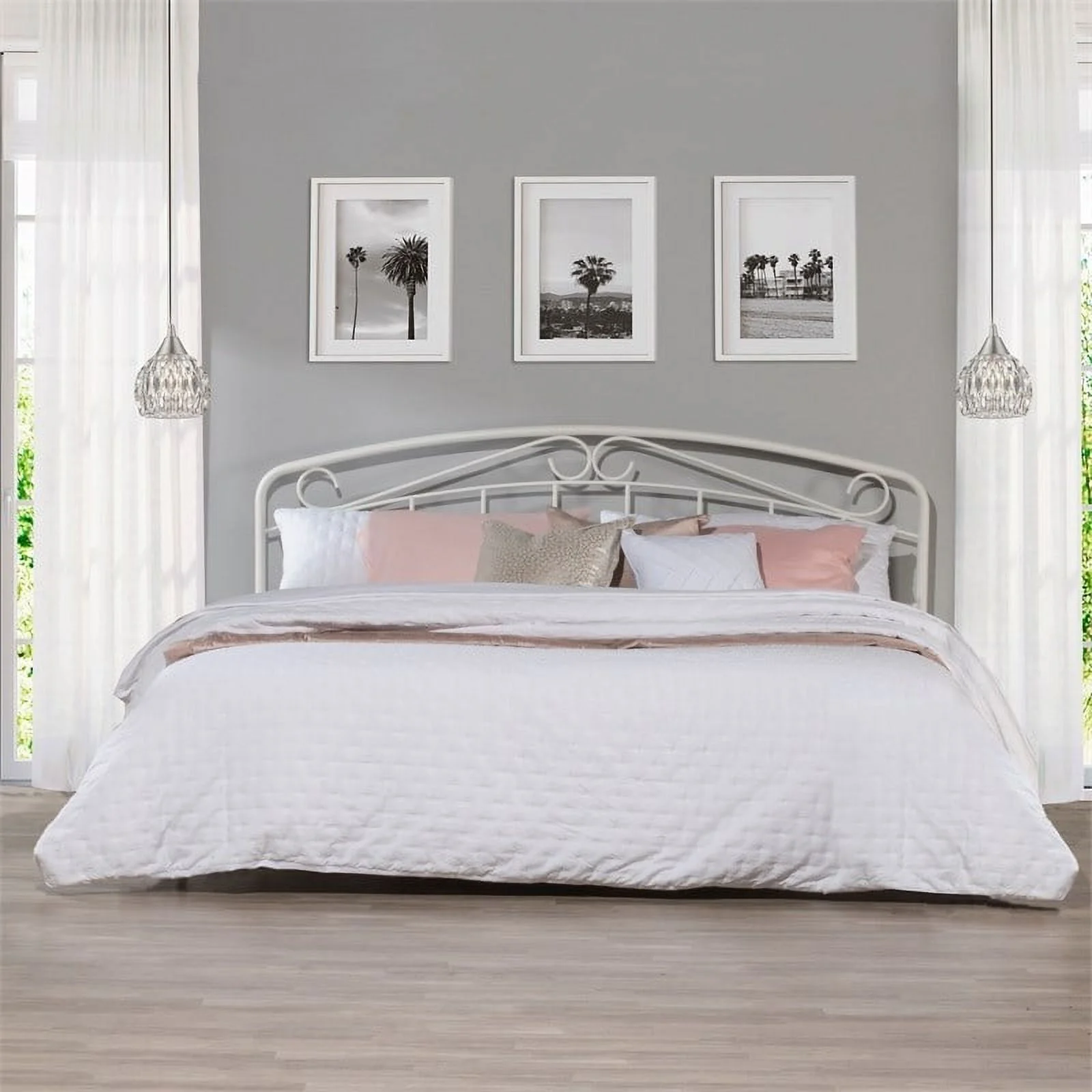 Bowery Hill Traditional Metal King Headboard with Arched Scroll in White