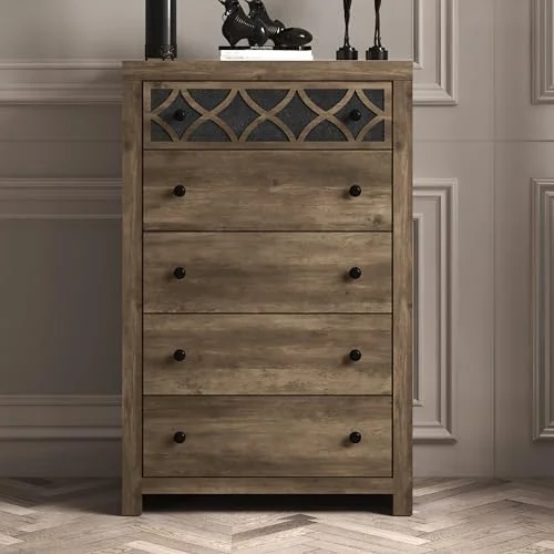 NLIBOOMLife Julric 5 Drawer Dresser Tall Wood Chest Drawer for Bedroom Clothes Organizer with Drawers Laser Cut Design 16.06" D x 29.61" W x 45.12" H Knotty Oak
