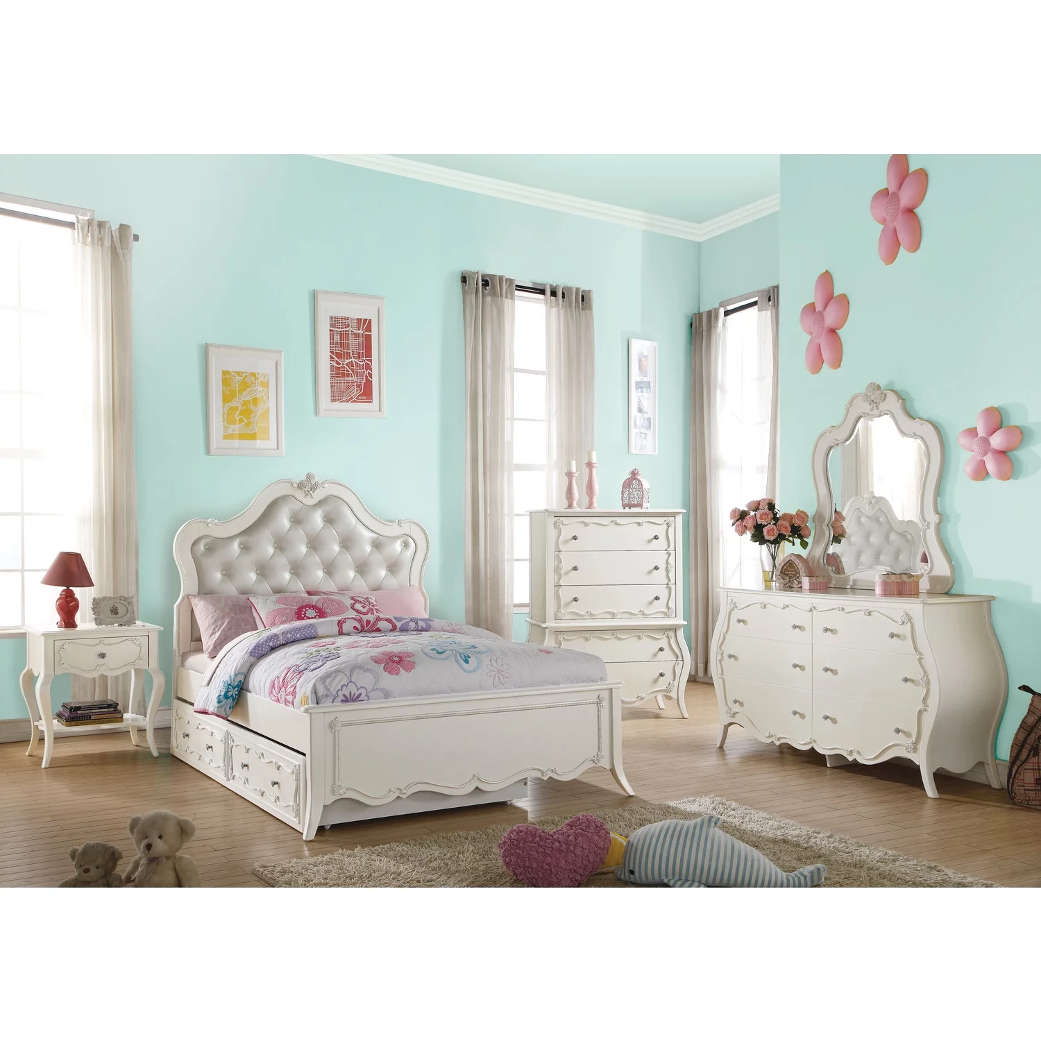 Benzara  Pine Wood Twin Bed with Button Tufted Headboard - Pearl White