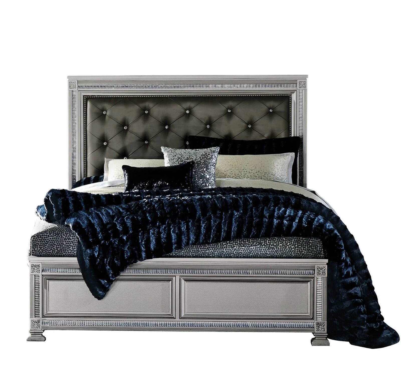 Contemporary Silver Finish 1pc Queen Size Bed Textural Panels Button-Tufted Headboard