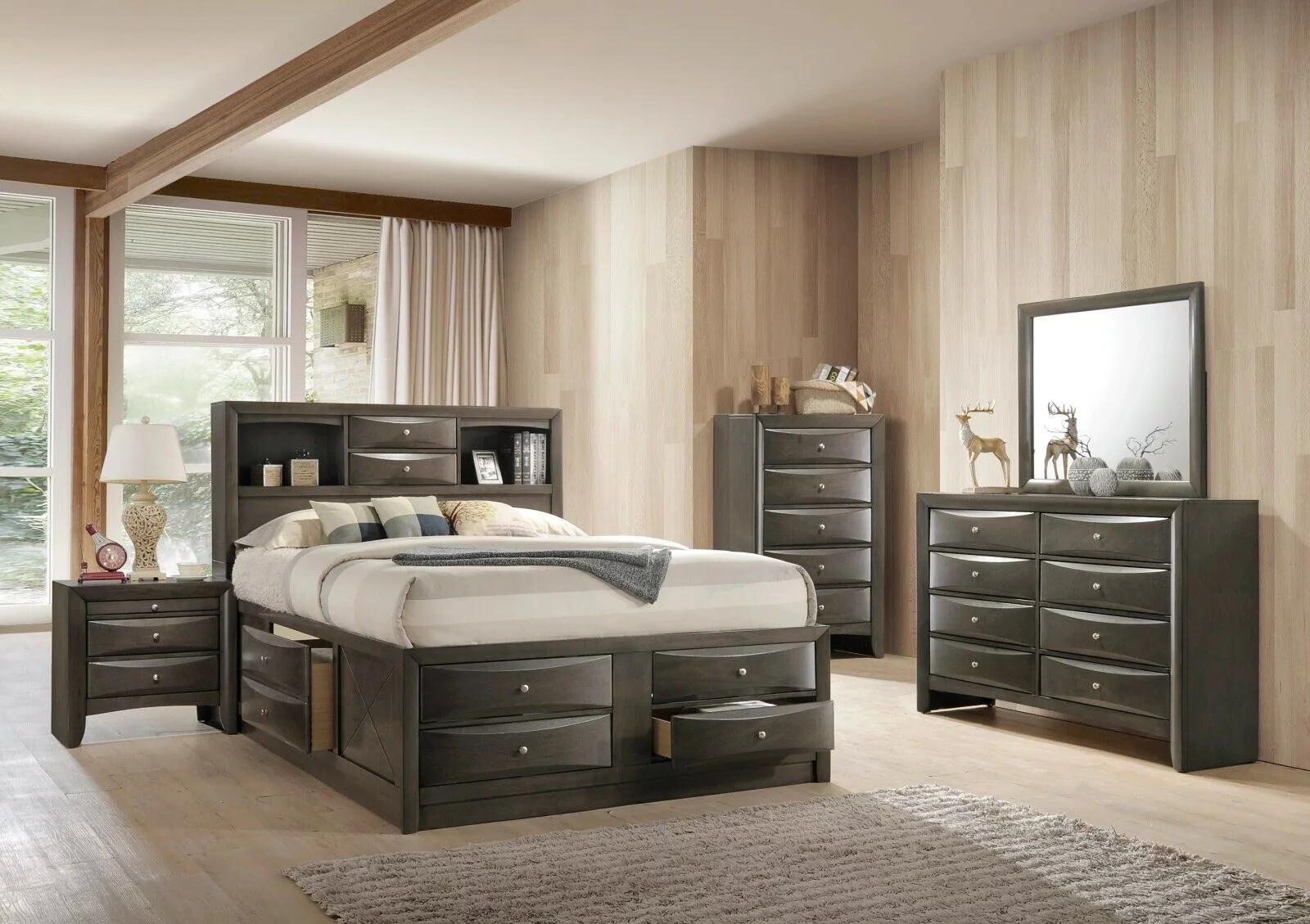 Contemporary King Size 4pc Bedroom Set Storage Drawers Bed Dresser 2x Nightstands Grey Finish Wooden Furniture