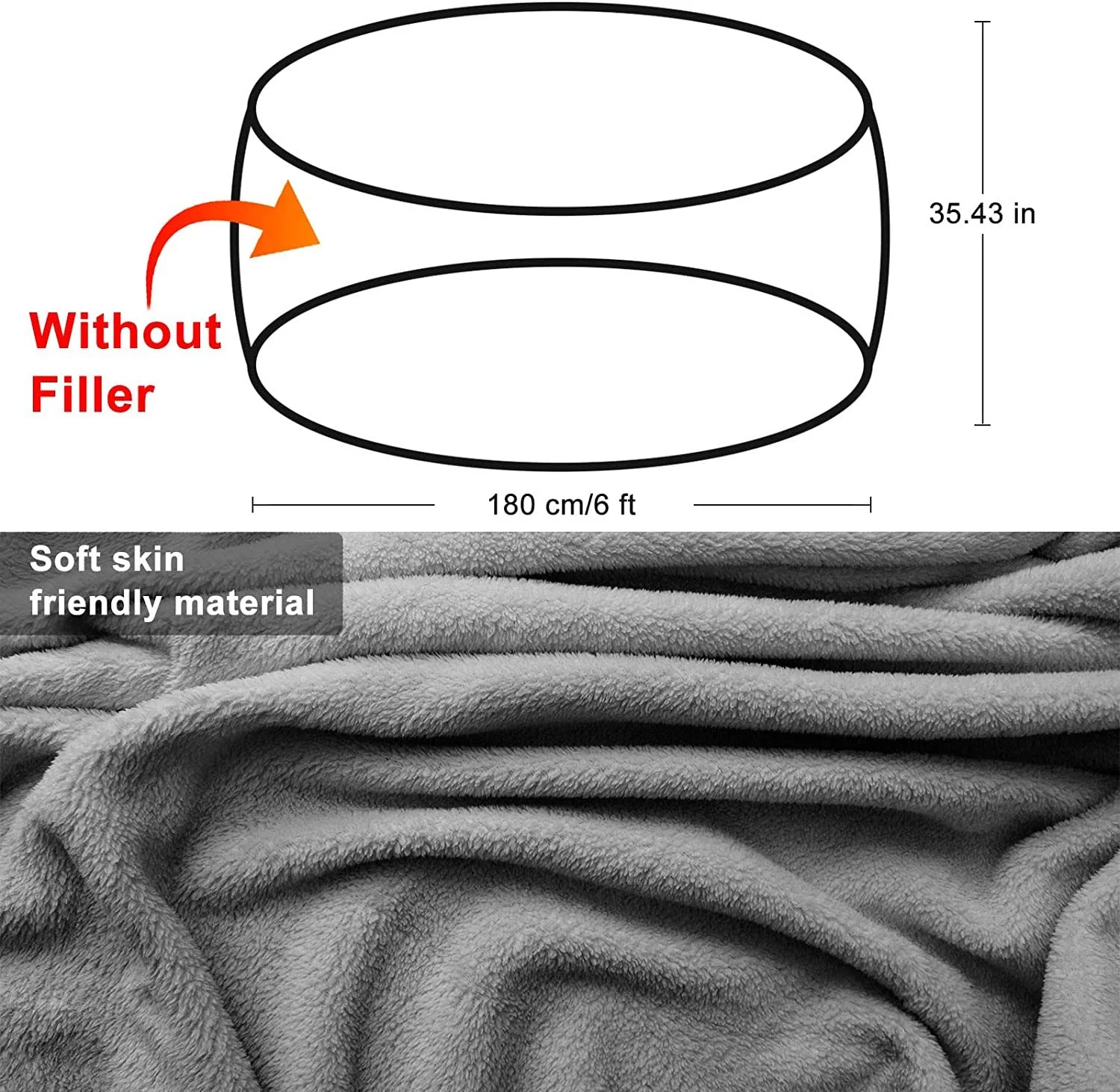 RAINBEAN Oversized Bean Bag Chair Cover - Ultra Soft, Eco-Friendly Big Round Soft Fluffy PV Velvet Sofa Bed Cover - 5ft Light Grey(Cover Only)