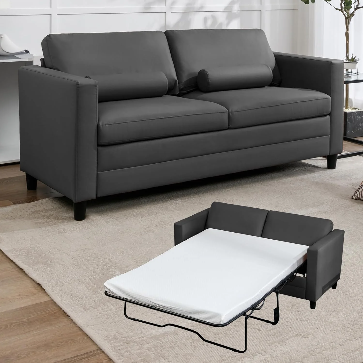 MUZZ Full Size Pull Out Sofa Bed, Convertible 2-in-1 Sleeper Sofa Couch with Foldable Mattress,Leather Loveseat Sleeper Sofa for Living Room/Apartment(Dark Grey)