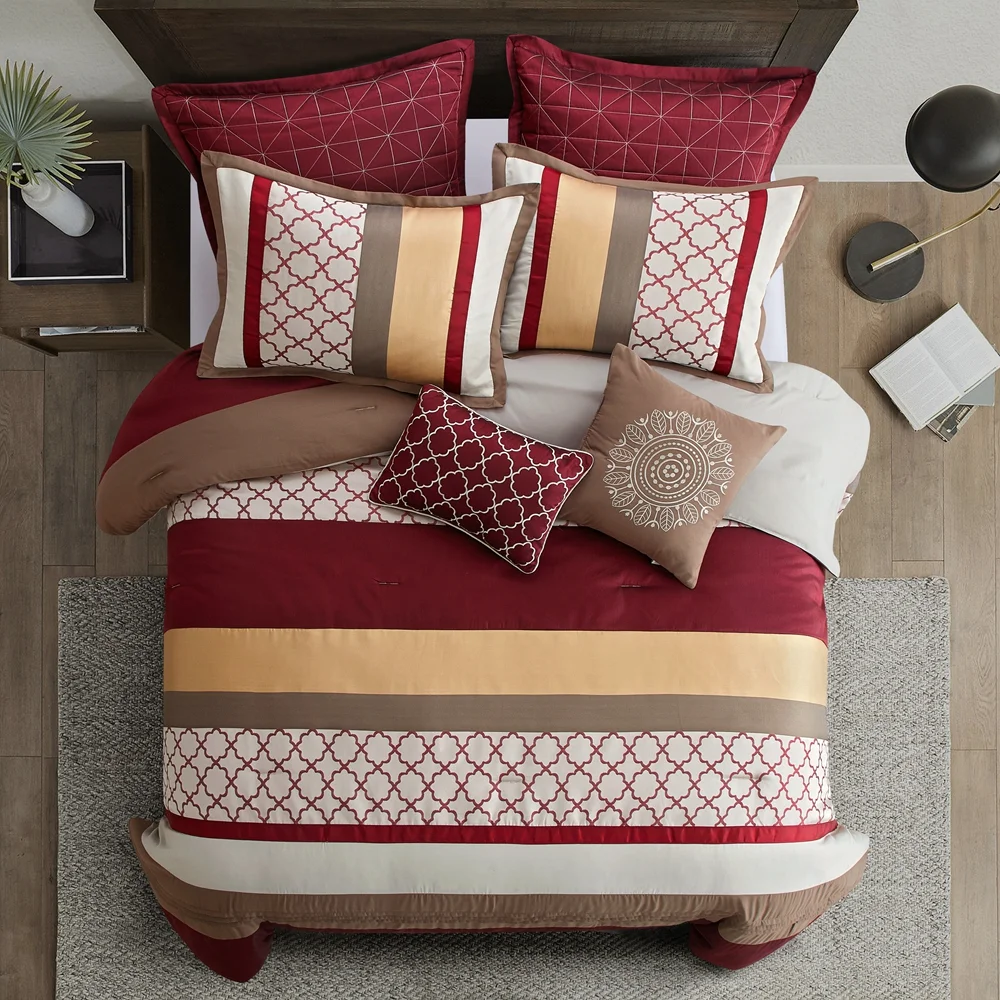 Lanco Moroccan Taupe/Red Berry/Gold, 8-Piece Comforter Set, California King, Striped/Geometric
