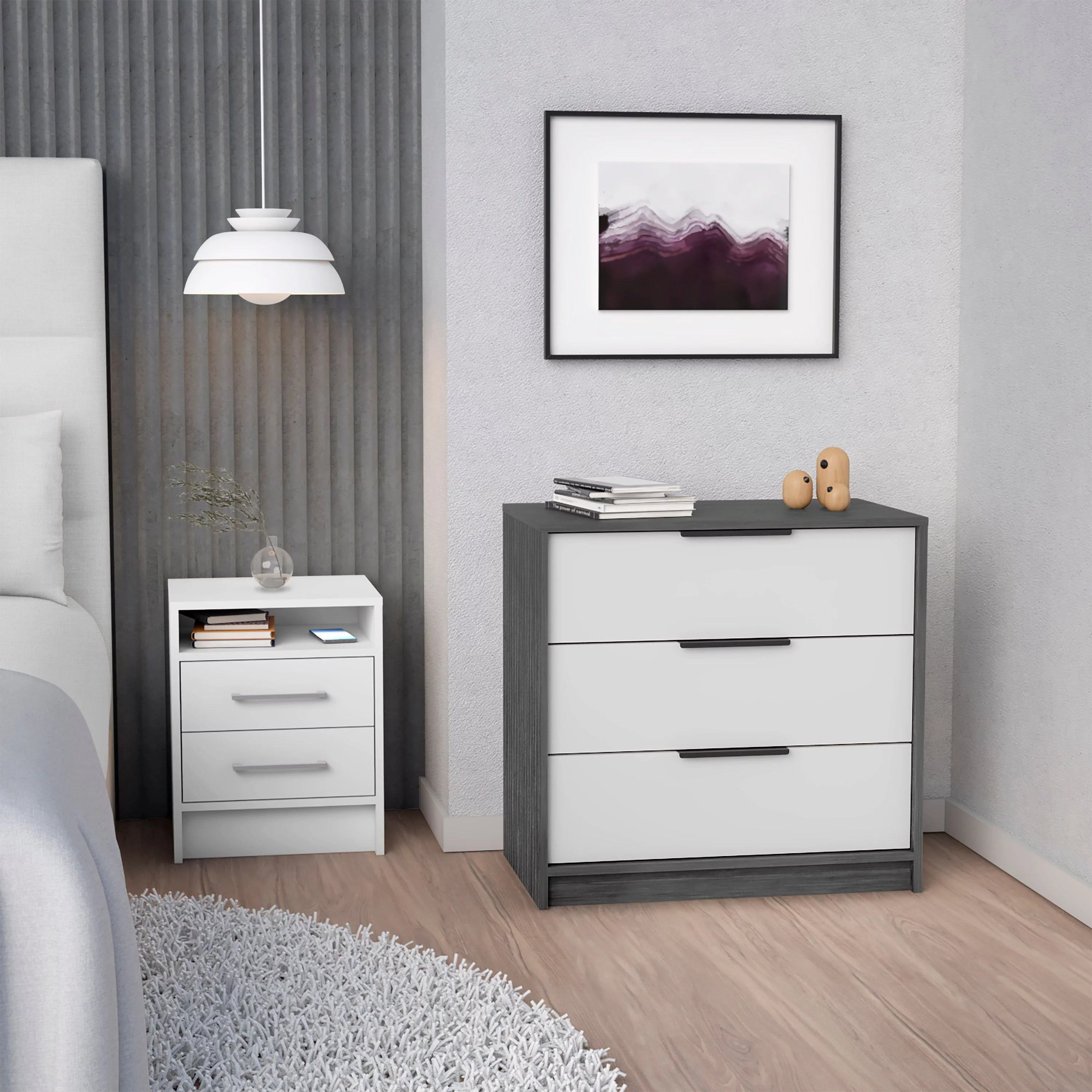 TUHOME Linden 2-Piece Bedroom Set with 3-Drawer Dresser and Nightstand, White/Smokey Oak