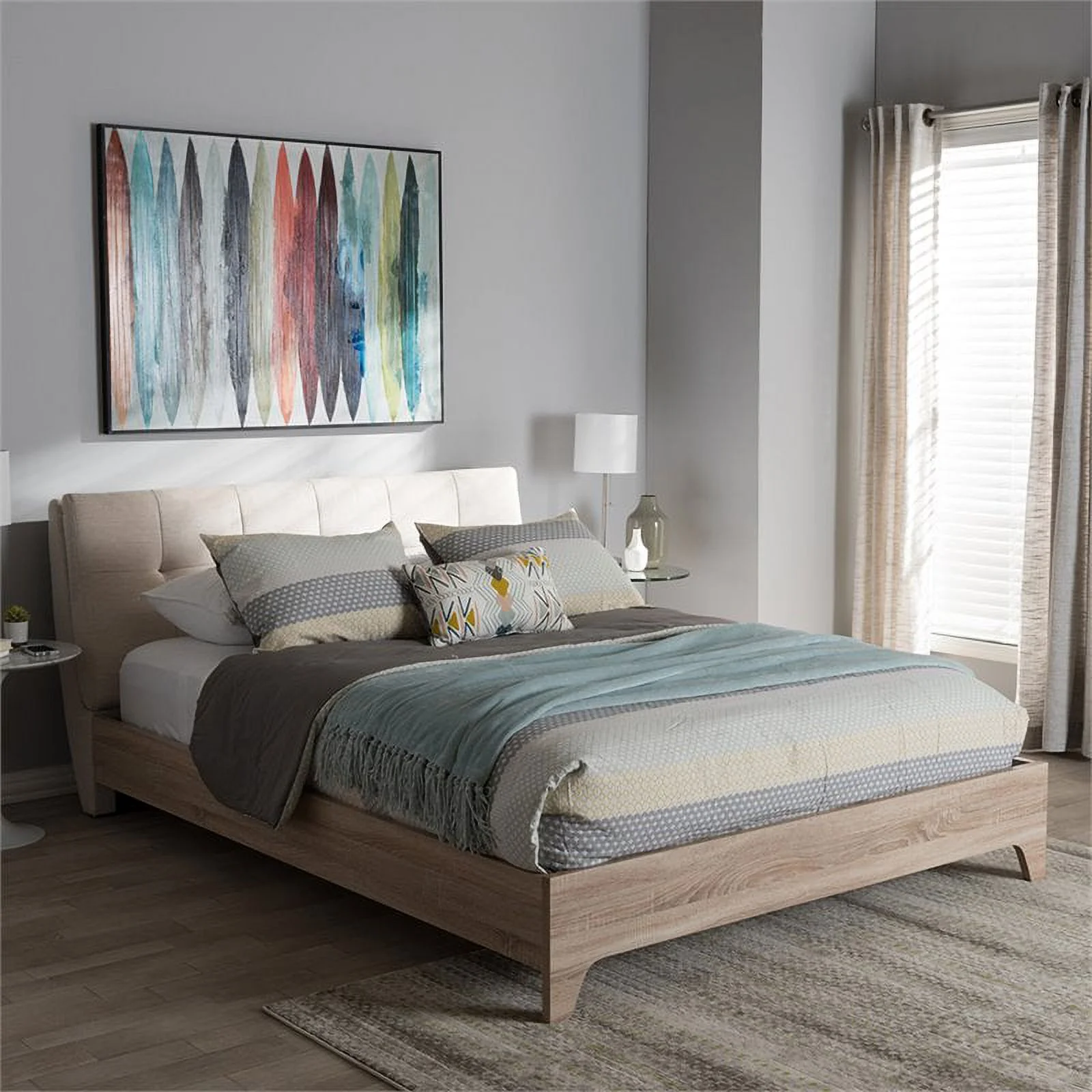 Bowery Hill Mid-Century Queen Platform Bed in Light Beige and Natural