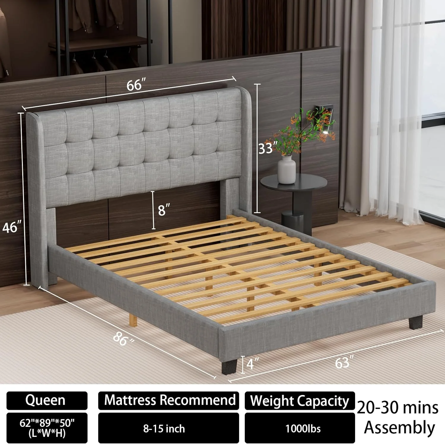 QCAI Bed Frame Queen Size Platform Bed, Tufted Upholstered Bed with Square Stitched Headboard, Queen Bed Frame with Wingback, Strong Wooden Slats, Easy Assembly…