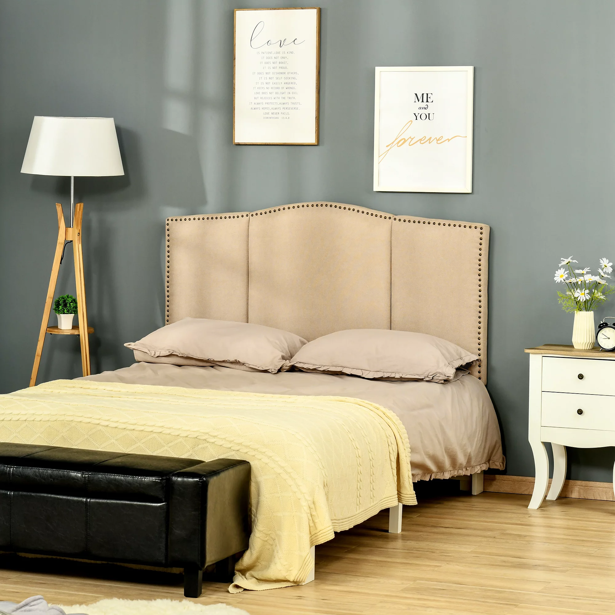 HOMCOM Upholstered Headboard Bedhead Board Nail Head Trim for 58.25'' Bed Beige