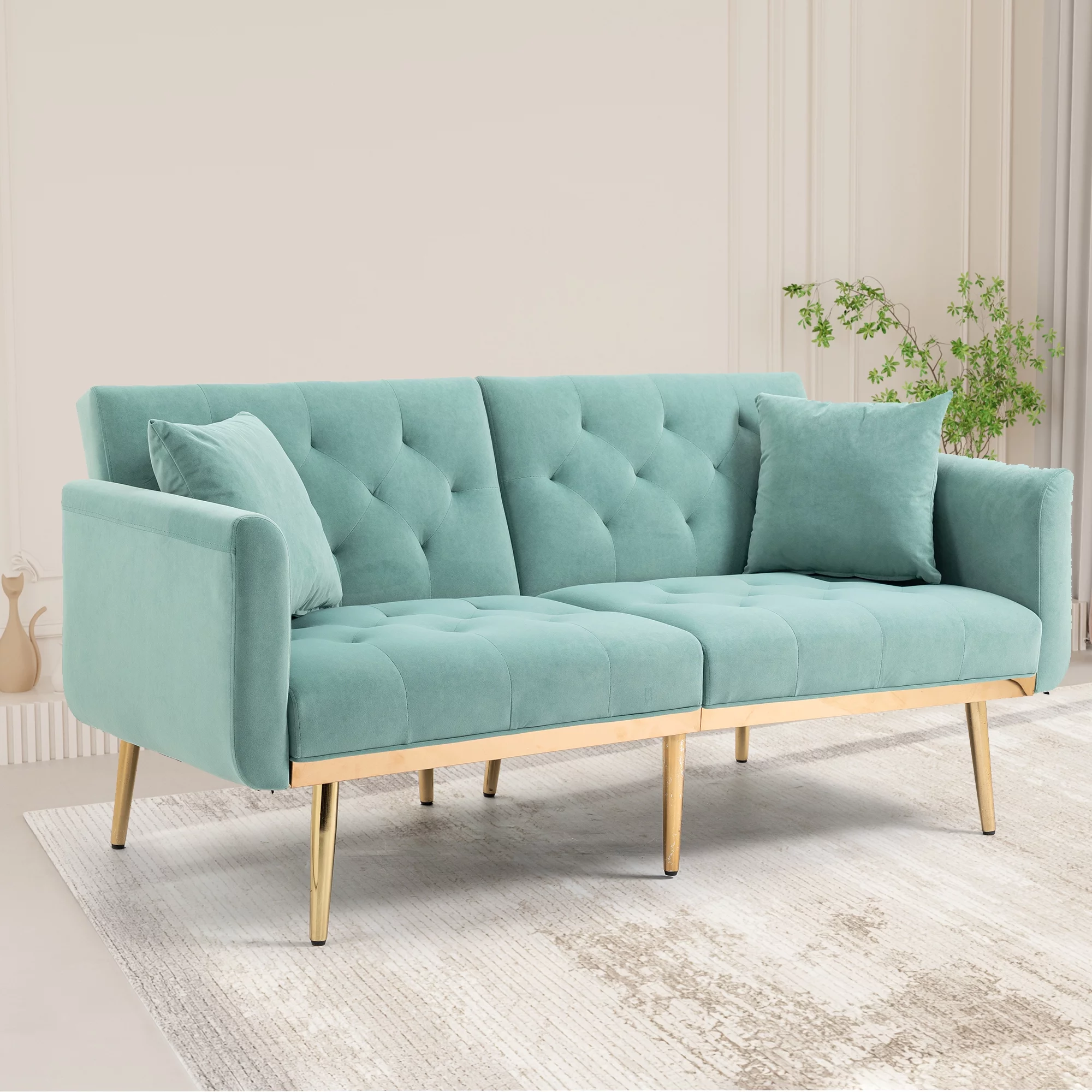 Luccalily Accent Bed Sofa,Velvet Leisure Sleeper Comfy Sofa Couch with 2 Throw Pillow, Accent Sofa Recliner,with 5 Rose Golden Metal Legs,Mid-Century Modern Velvet loveseat Sofa for Living Room
