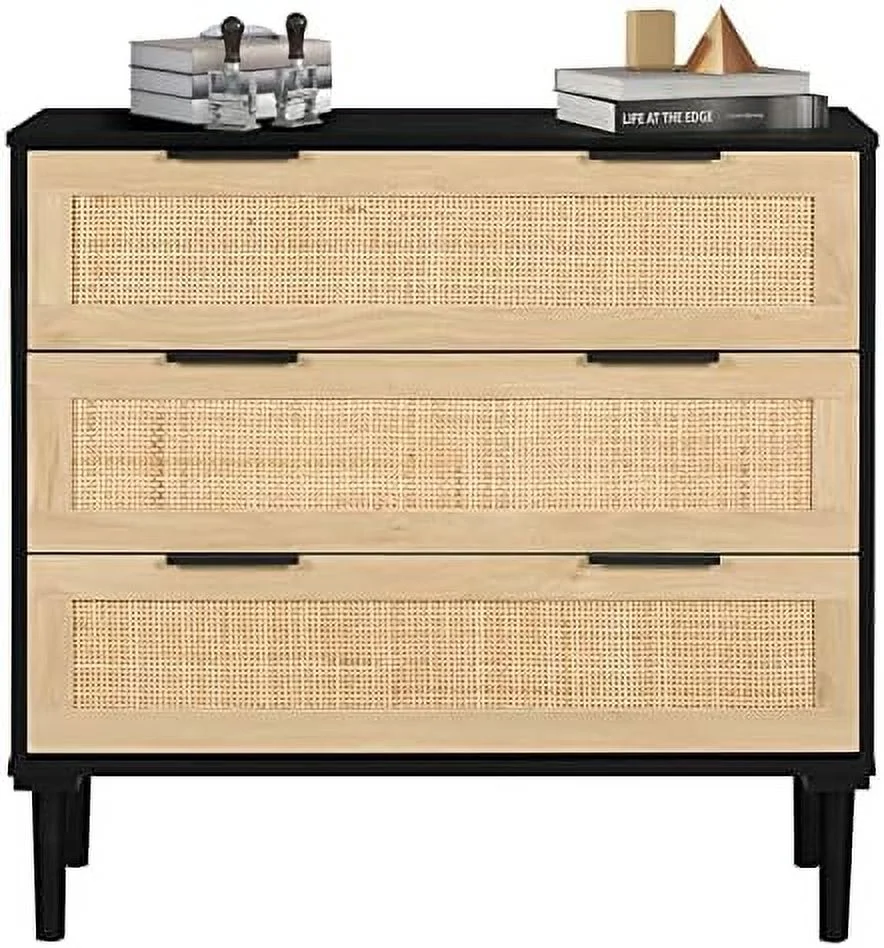 HOOMHIBIU 3 Drawer Dresser for Bedroom Rattan Dresser Modern Closet Dressers Chest of Drawers Wood White 3 Drawer Chest for Bedroom Hallway Living Room