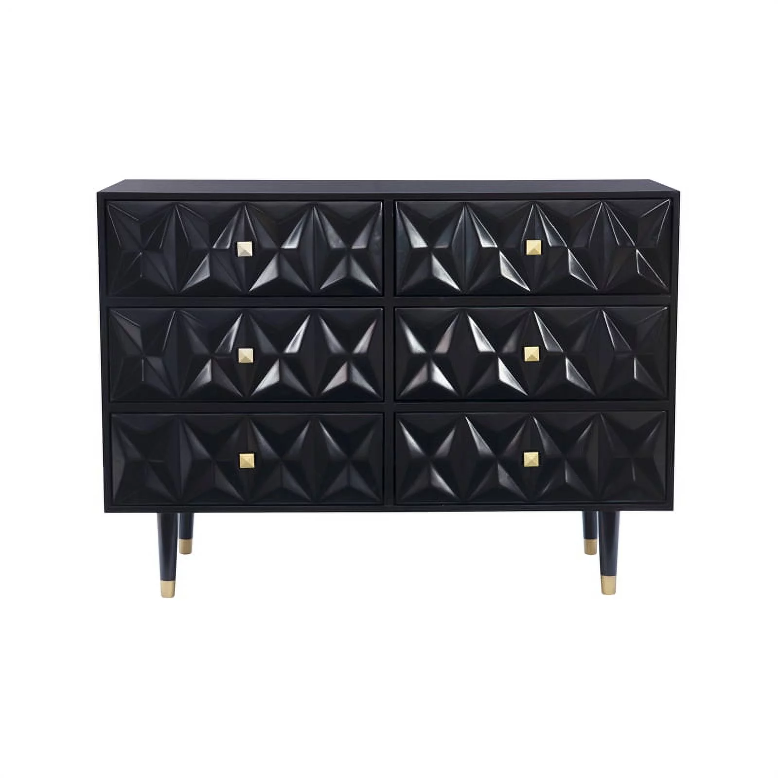 Linon Alick Wood Geo Texture 6 Drawer Dresser Gold Hardware in Glossy Black