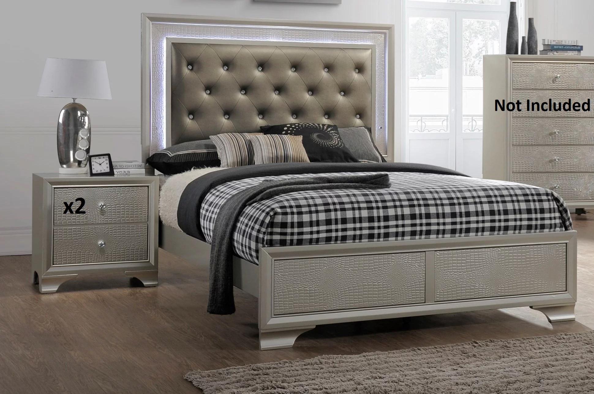 Modern Champagne Faux Finish 3pc Full Size LED Backlit HB Bed and Storage Nightstand Wooden Bedroom Furniture Set