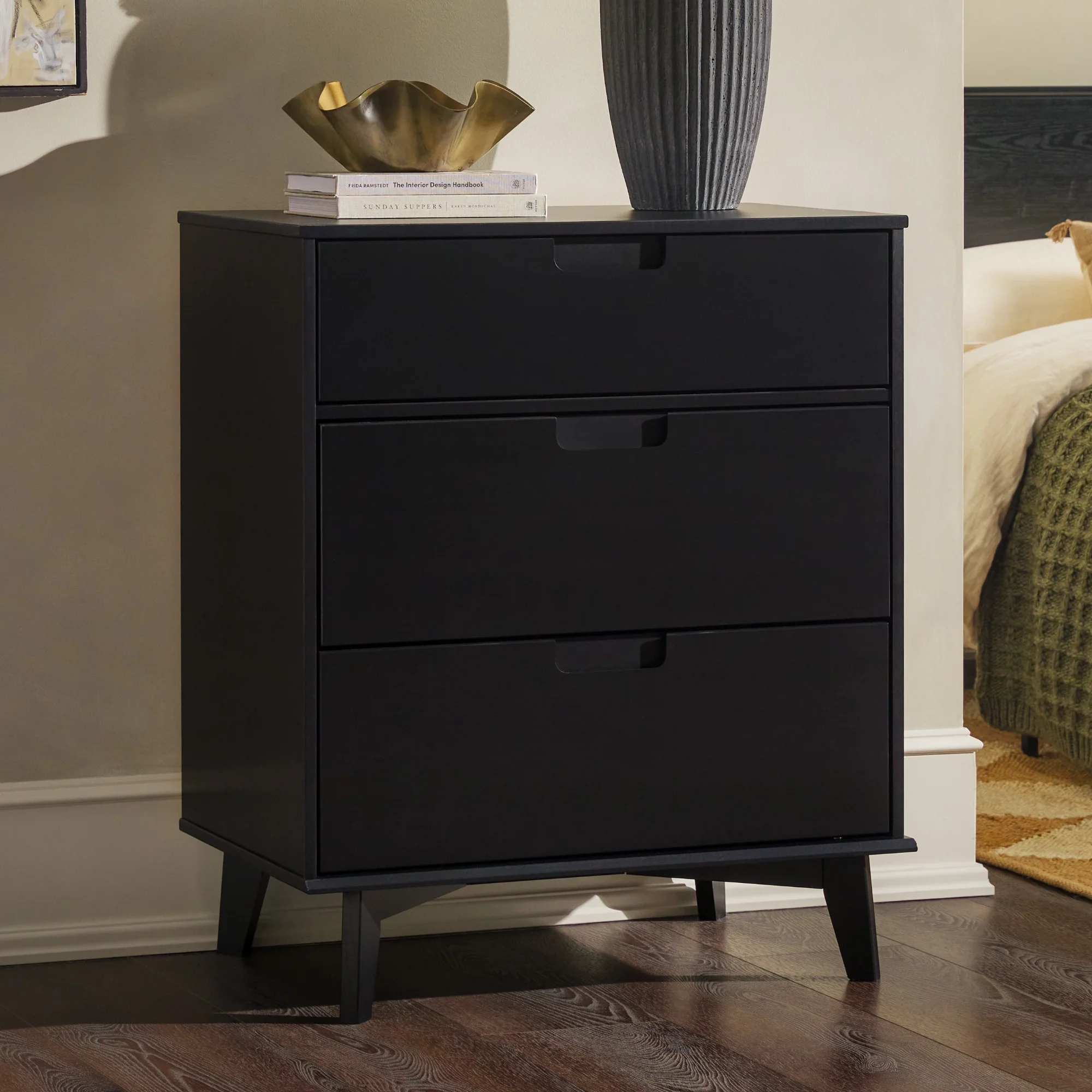 Walker Edison 36” Mid-Century Modern Groove Handle 3-Drawer Wood Dresser, Black