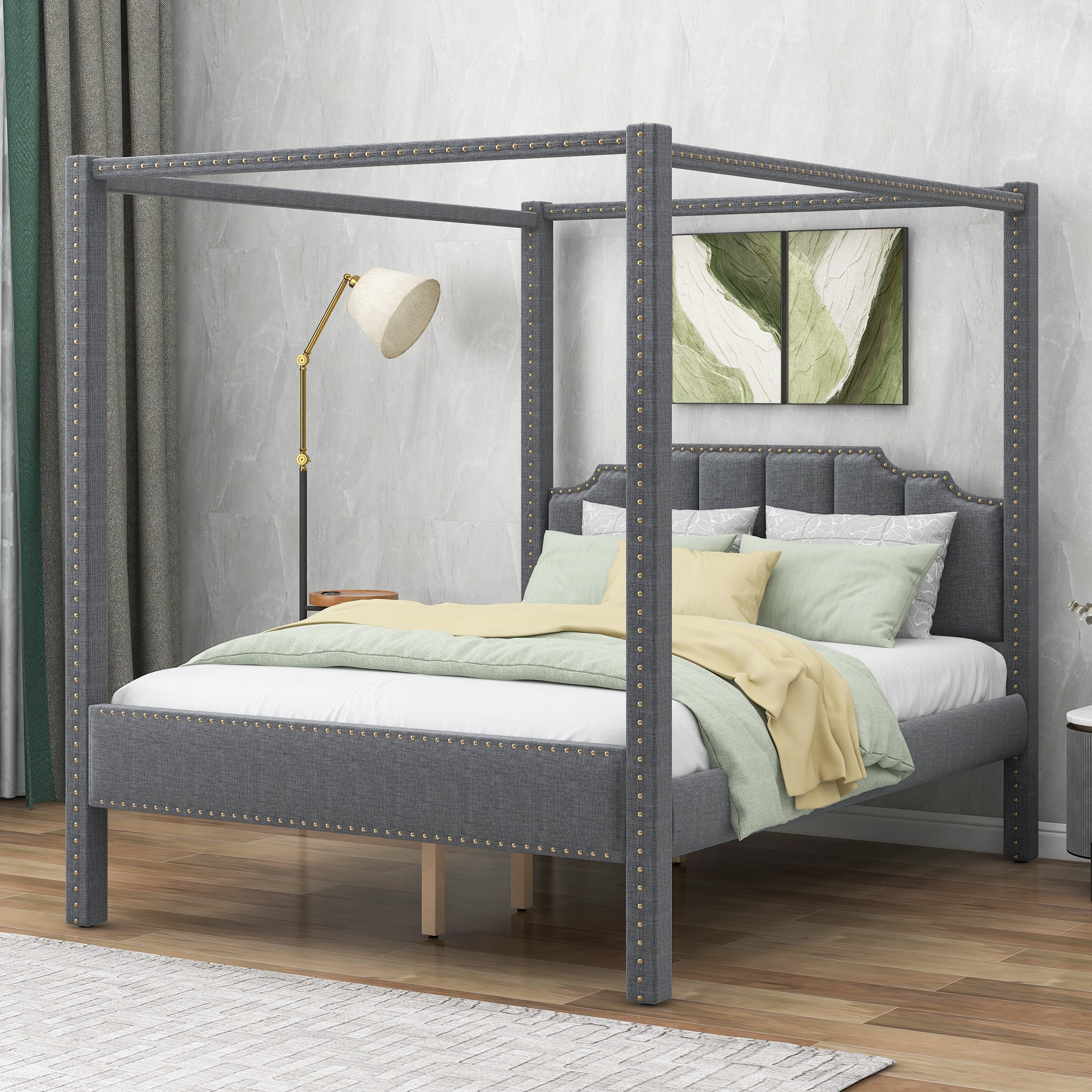 Queen Size Upholstery Canopy Bed with Support Leg, Headboard and Footboard, Platform Bed Frame with 10 Wood Slats Support, No Box Spring Needed, Easy Assembly (Gray)