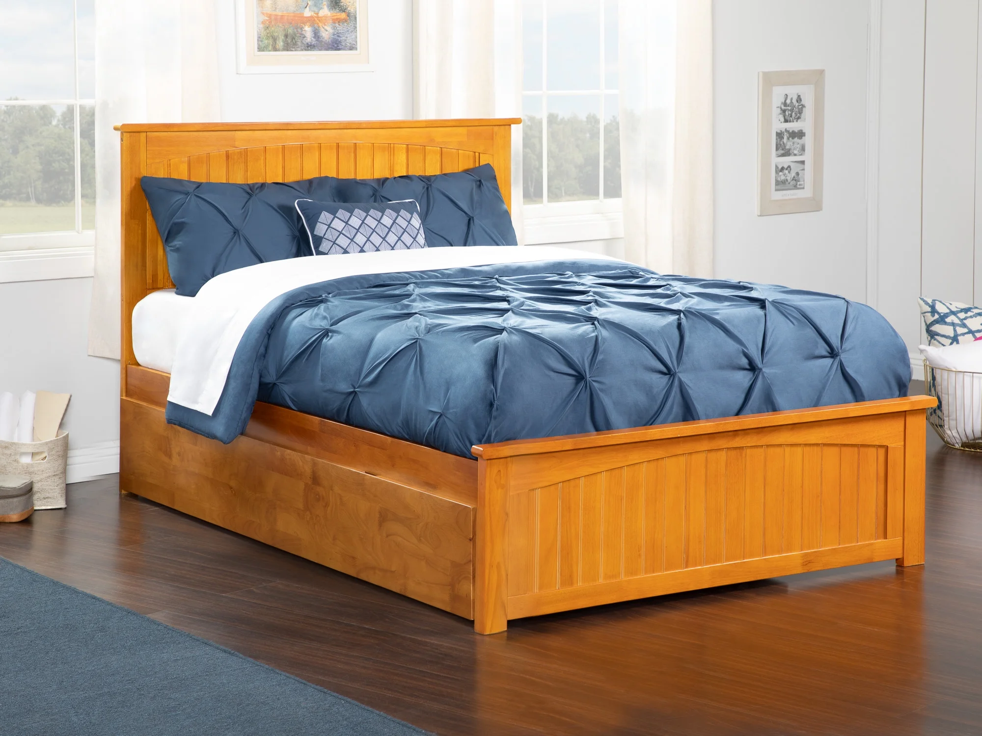 AFI Nantucket Full Size Platform Bed with Matching Footboard and Twin Size Trundle in Caramel Latte