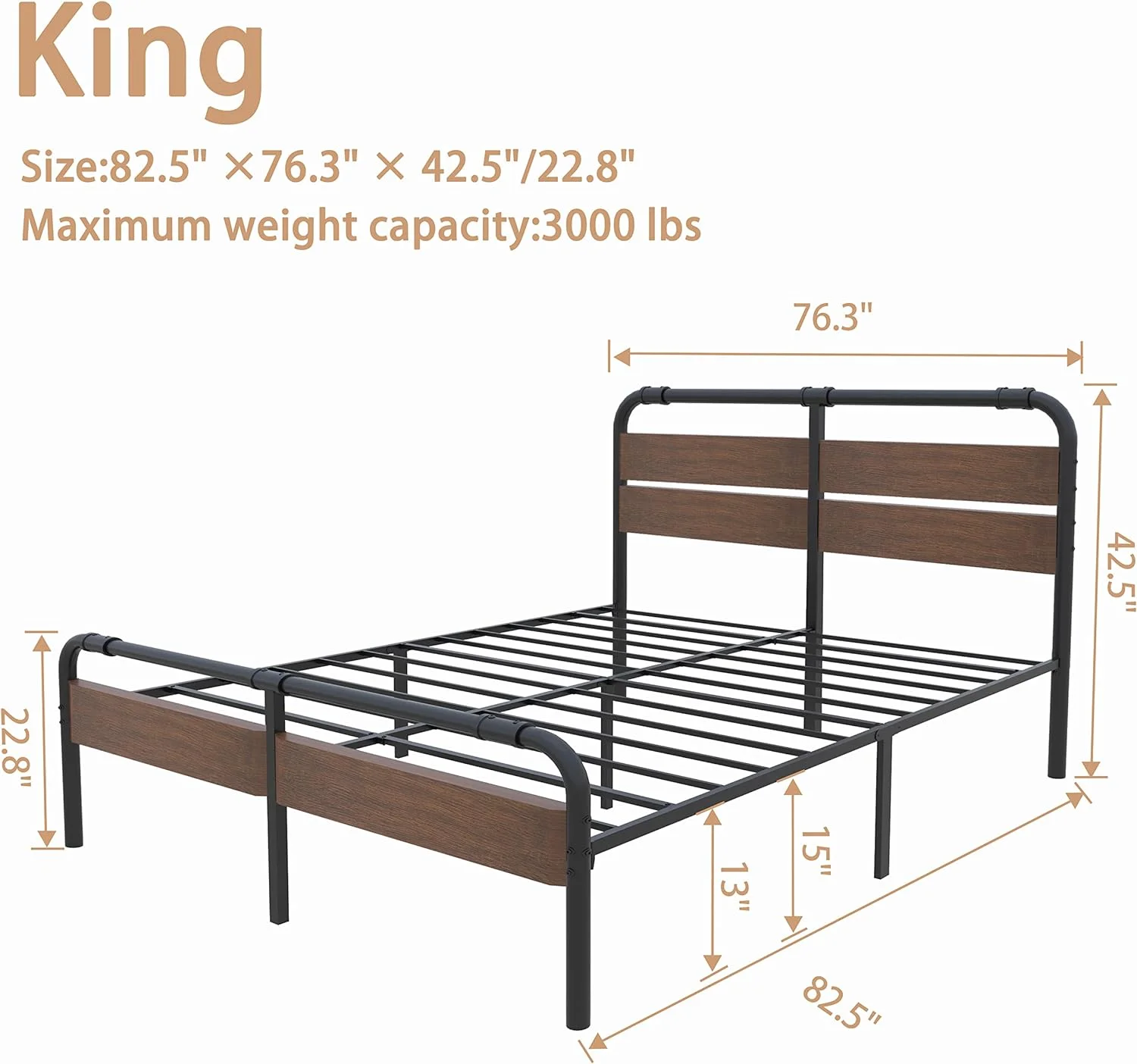YINCHEN King-Size-Bed-Frame with Vintage-Wood - Headboard Platform Metal Slats Mattress Foundation,16 Inches High,No Box Spring Needed(Vintage Brown)