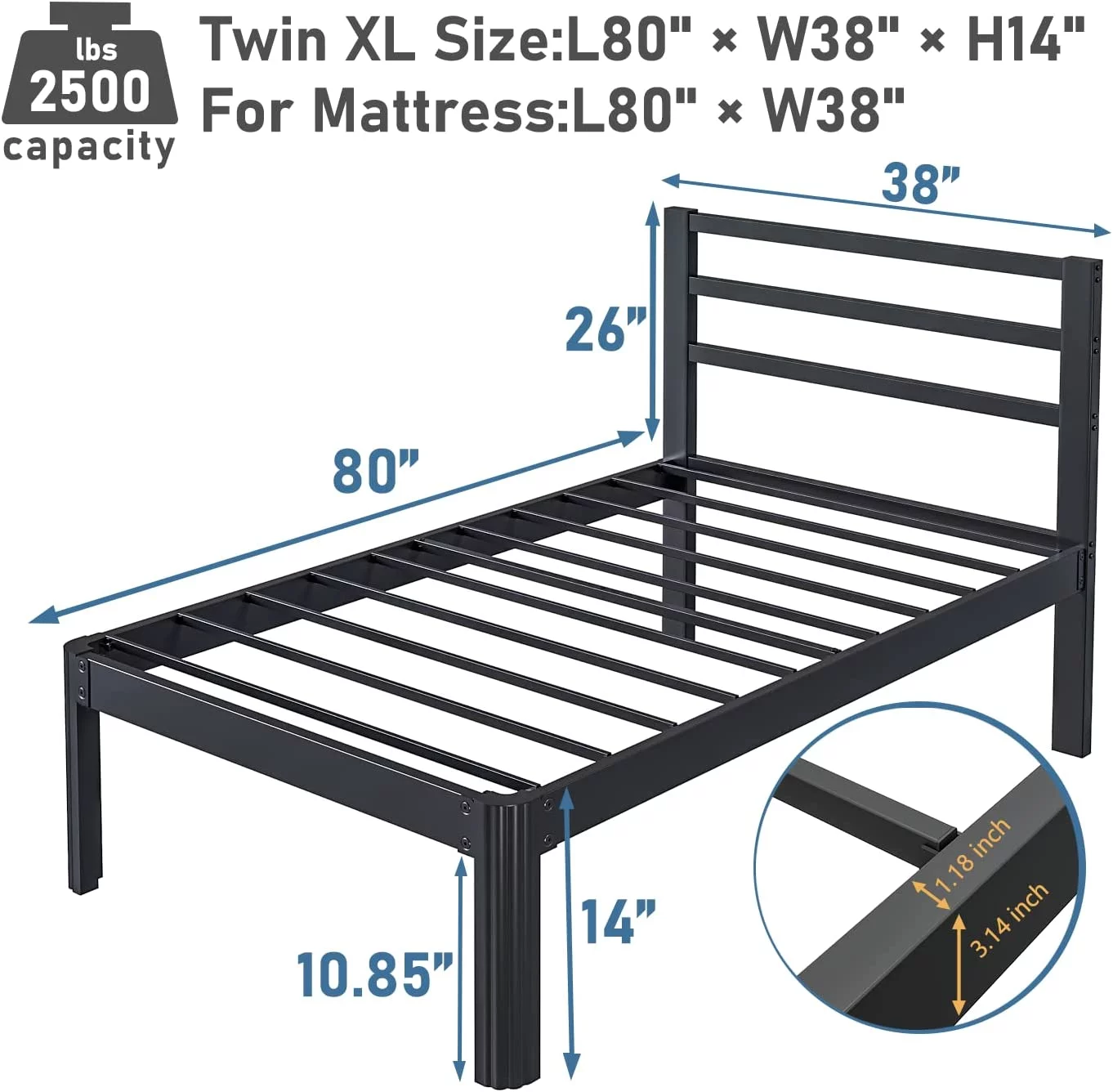 Twin XL Bed Frames with Headboard, 14 Inch Heavy Duty Meta Bed Frame No Box Spring Needed, Round-Corner Leg Design Mattress Foundation, Easy Assembly, Noise Free, Black