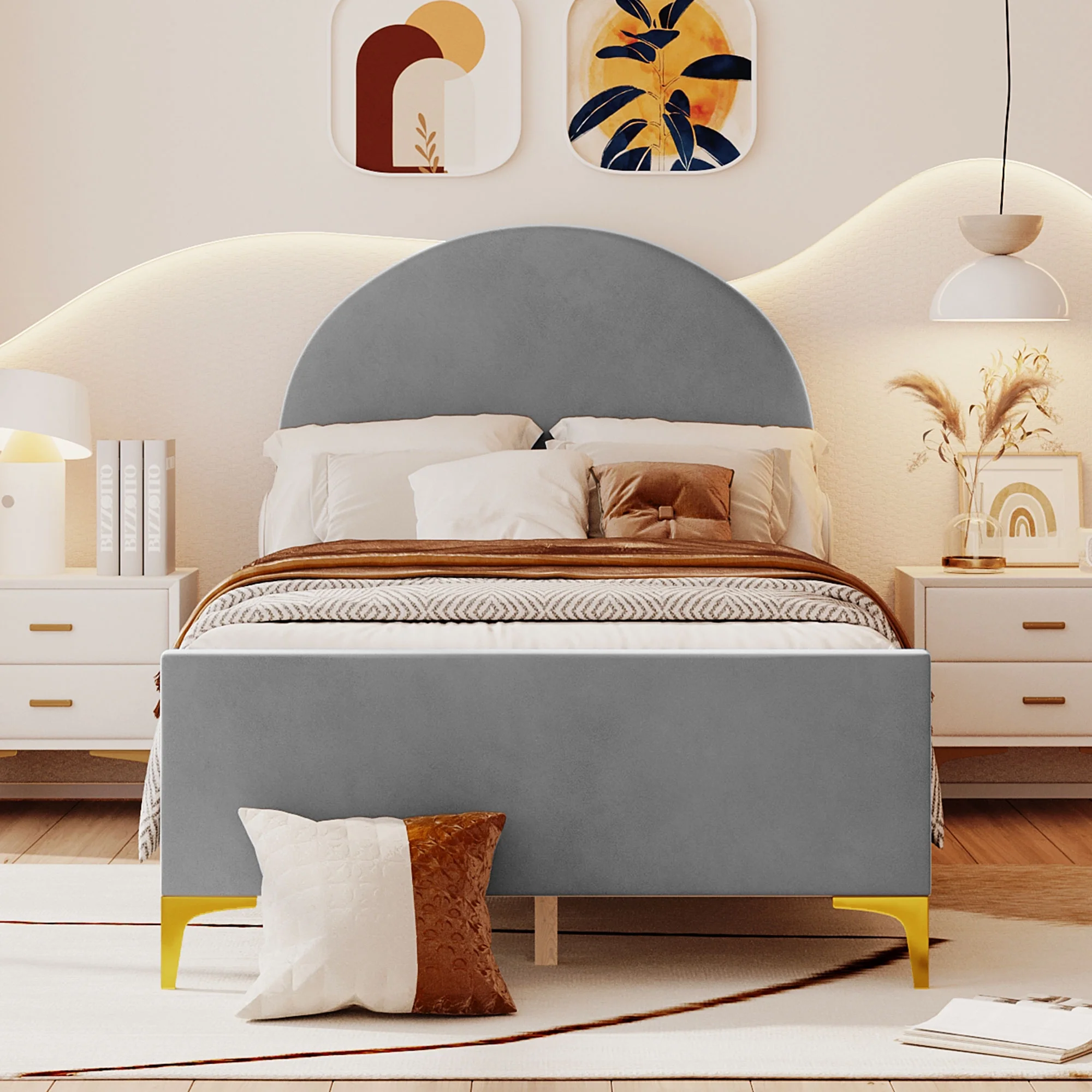 CoSoTower Twin Size Upholstered Platform Bed with Classic Semi-Circle Shaped Headboard and Mental Legs, Velvet, Gray