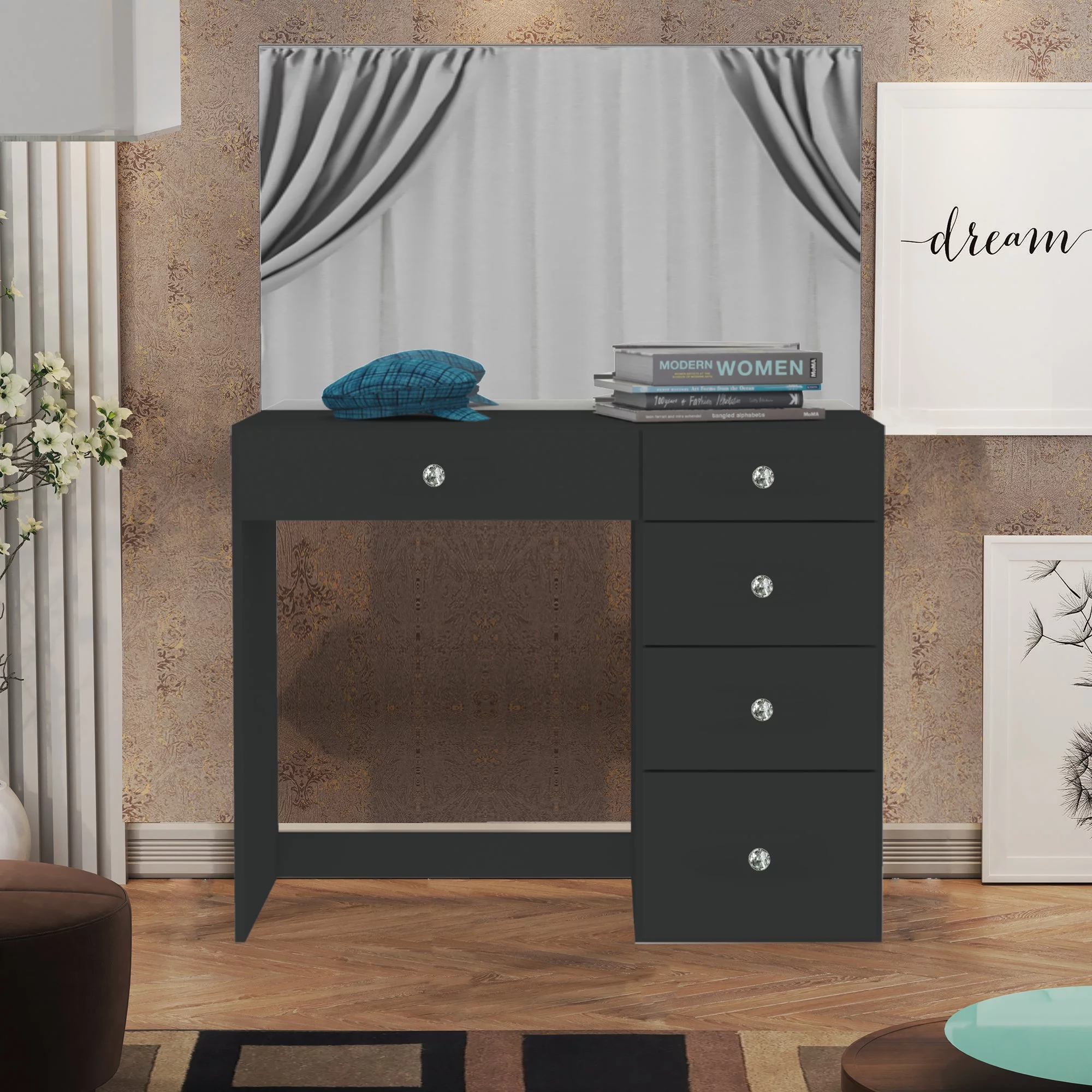 Boahaus Kira PRO Modern Makeup Vanity, 5 Drawers, Mirror, Crystal Knobs, Black, for Bedroom
