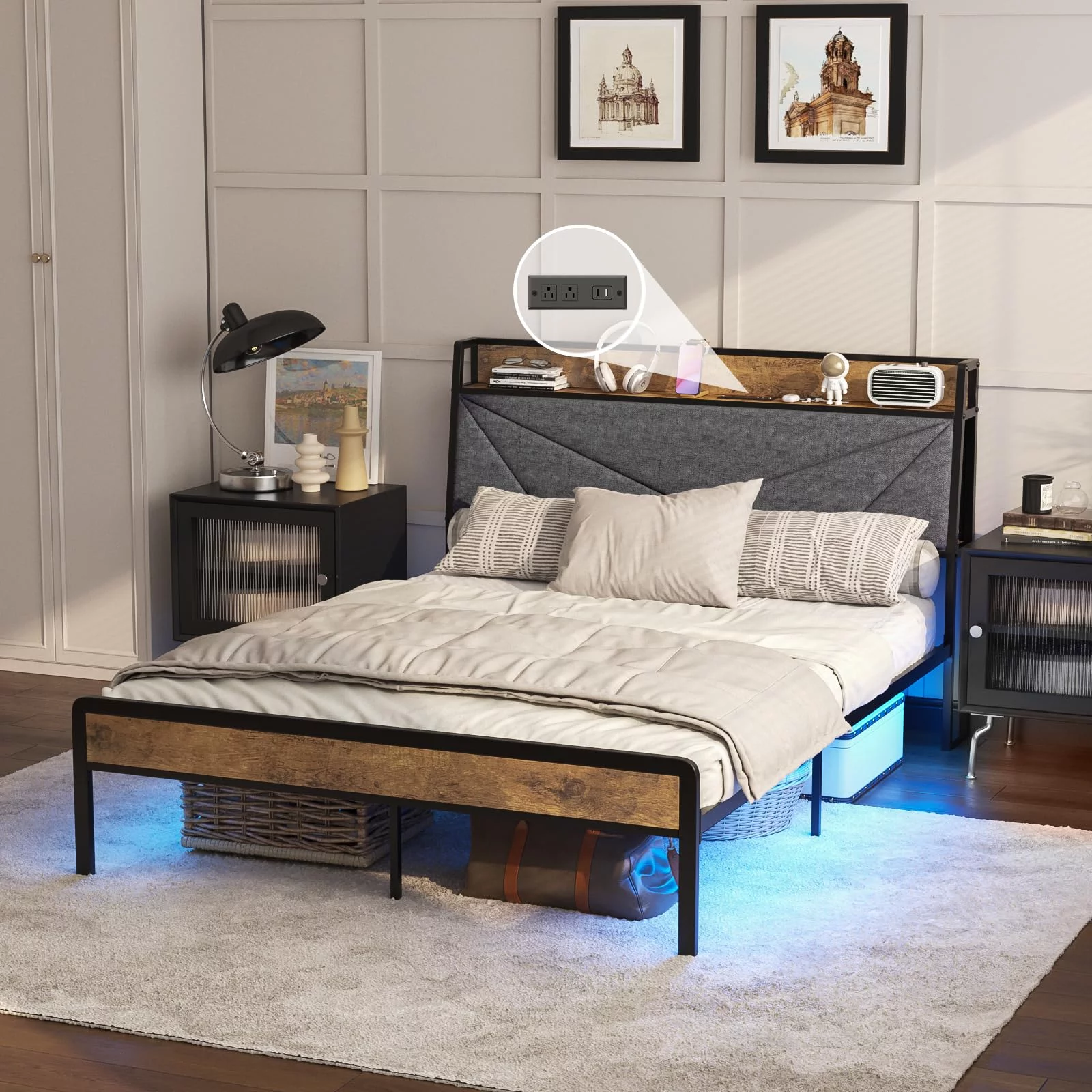 VEANERWOOD Queen Size Bed Frame with Storage Headboard, Platform Bed Frame with Charging Station & led Lights, No Box Spring Needed