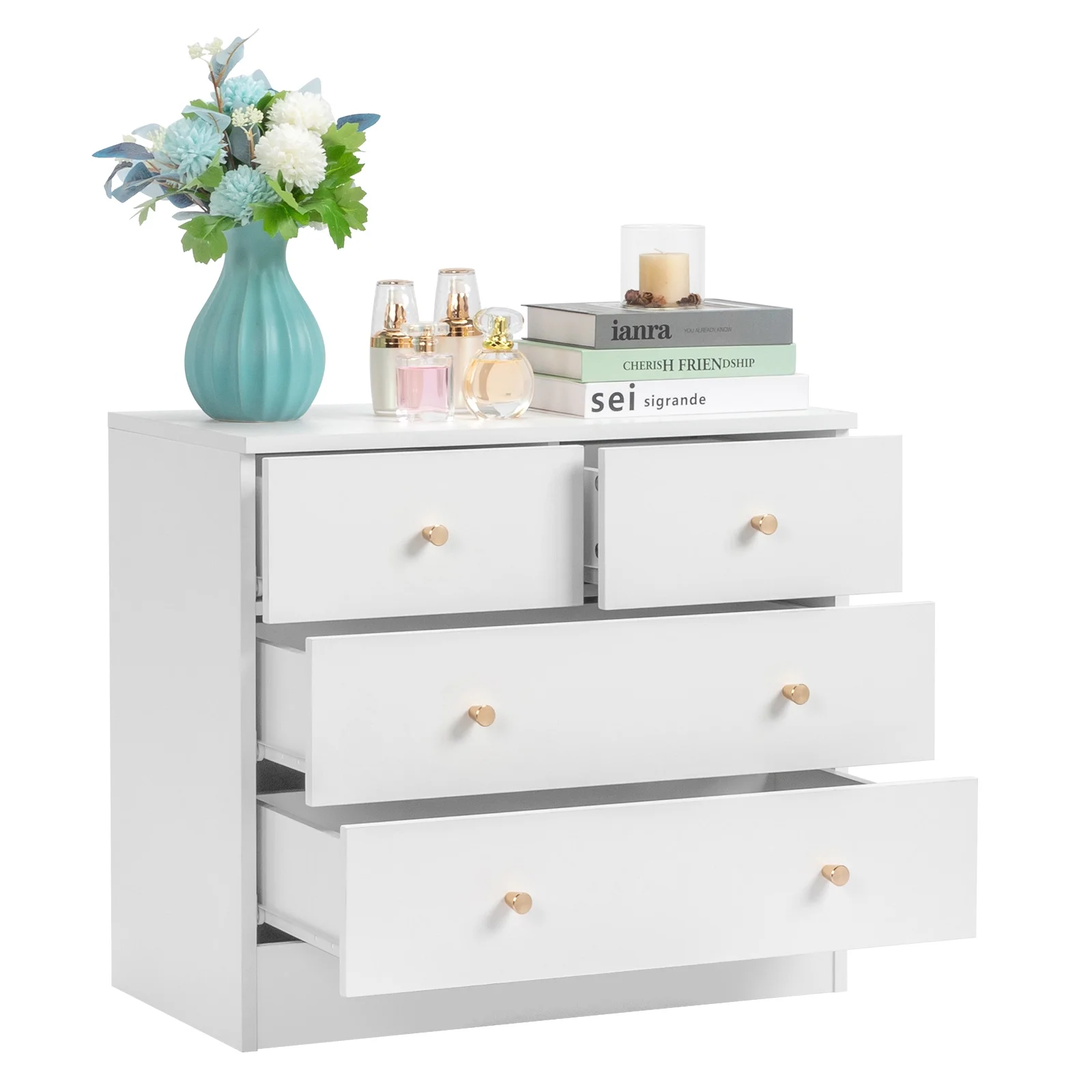 UBesGoo Modern Wood 4-Drawer Dresser Chest Bedside Table for Bedroom,Living Room,White