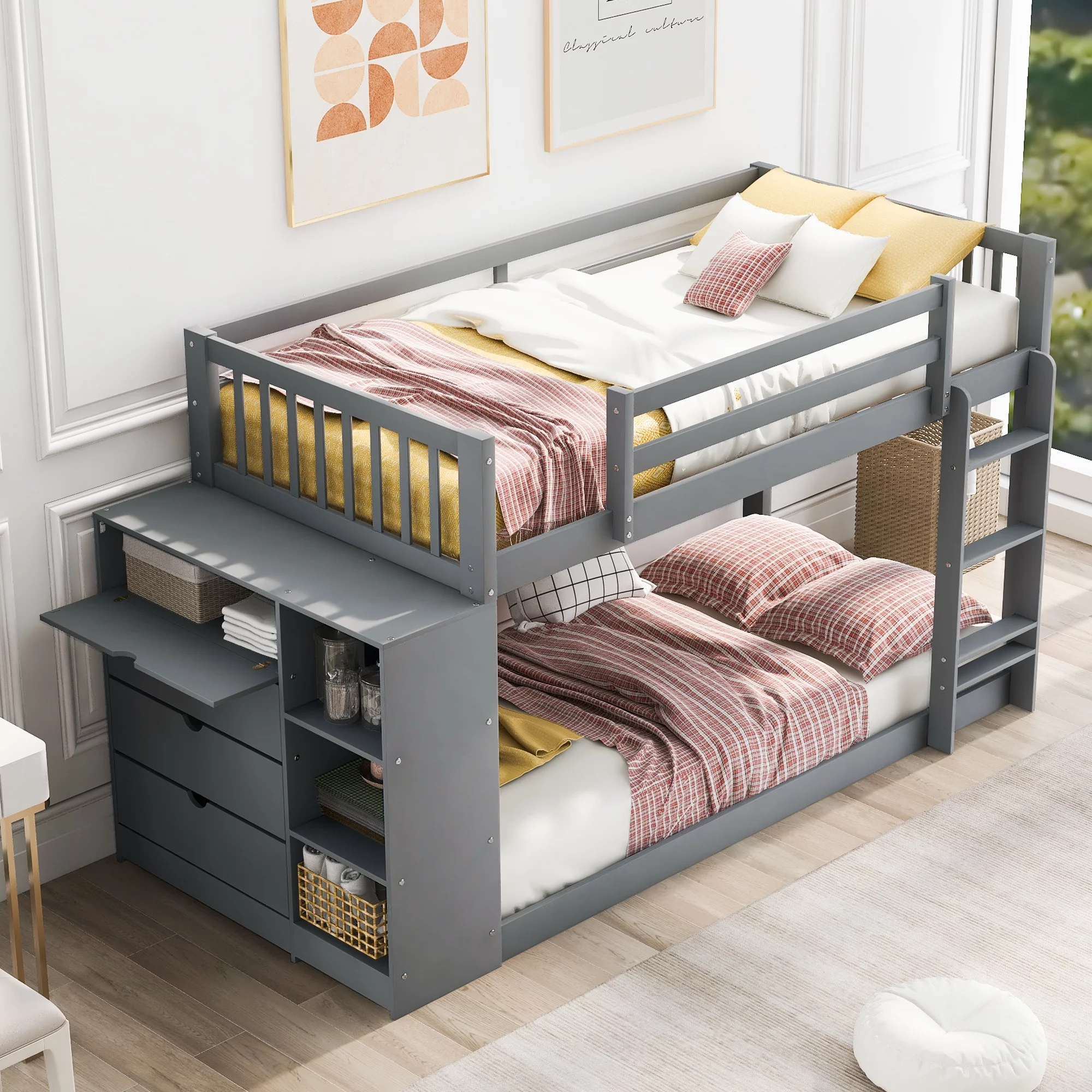 ikayaa Twin over Twin Bunk Bed with Attached Cabinet and Shelves Storage ,Gray (OLD SKU:GX000513AAE)