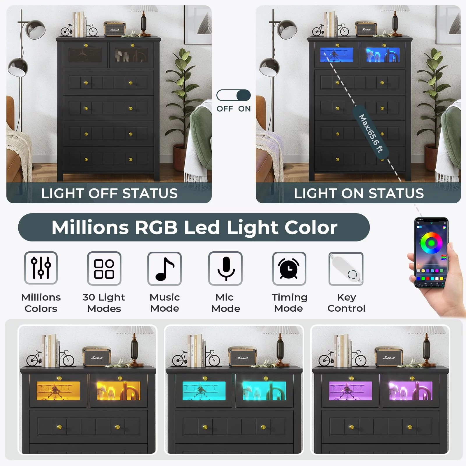 Black 6 Drawer Dresser for Bedroom with Led Lights,Modern LED Chest of Drawers Dresser for Living Room Closet