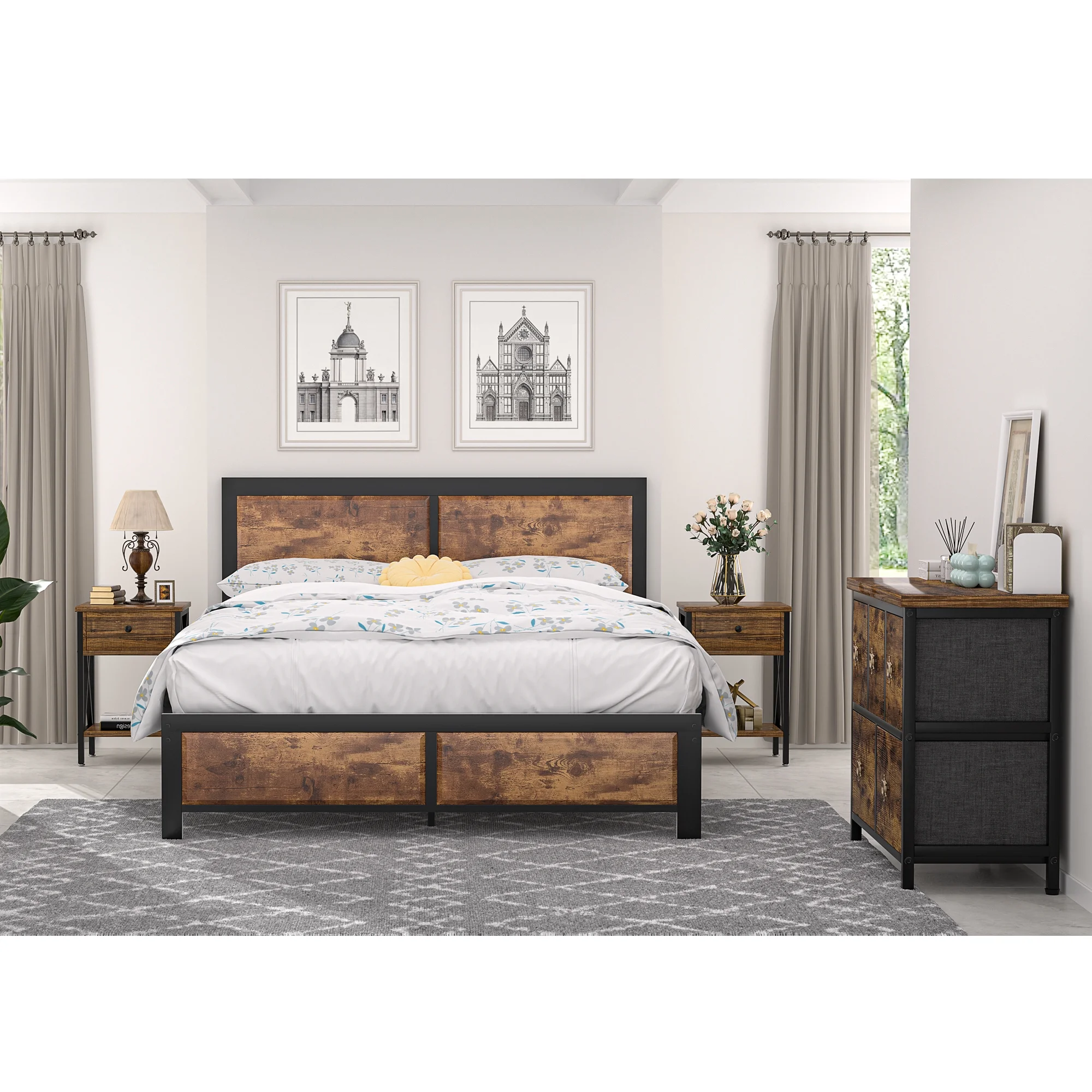 VECELO 4-Piece Bedroom Set with Queen Size Platform Bed Frame & 5-Drawer Dresser & Two Nightstands, Brown