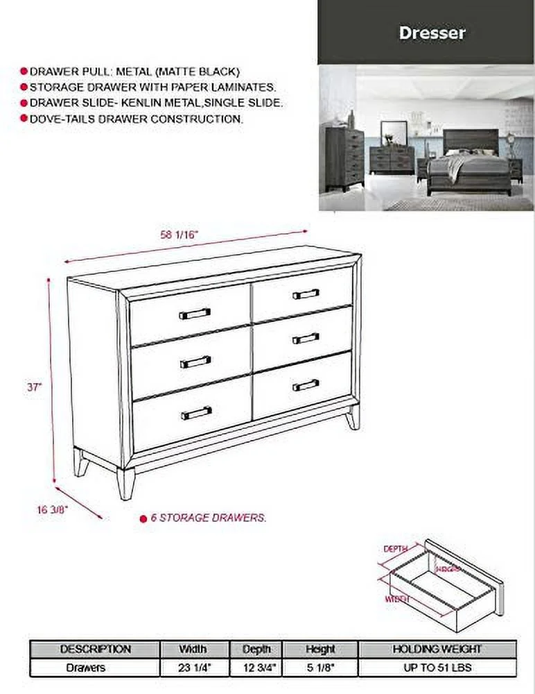 Kings Brand Furniture Ambroise 6-Piece King Size Bedroom Set, Grey/Black. Bed, Dresser, Mirror, Chest & 2 Night Stands