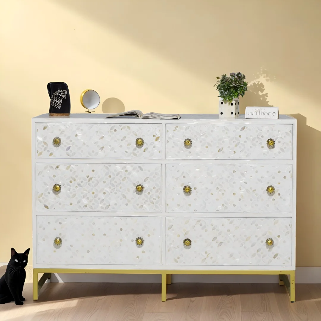 Six-Drawer Dresser with Mother of Pearl Inlay in White, elevated with Brass Legs