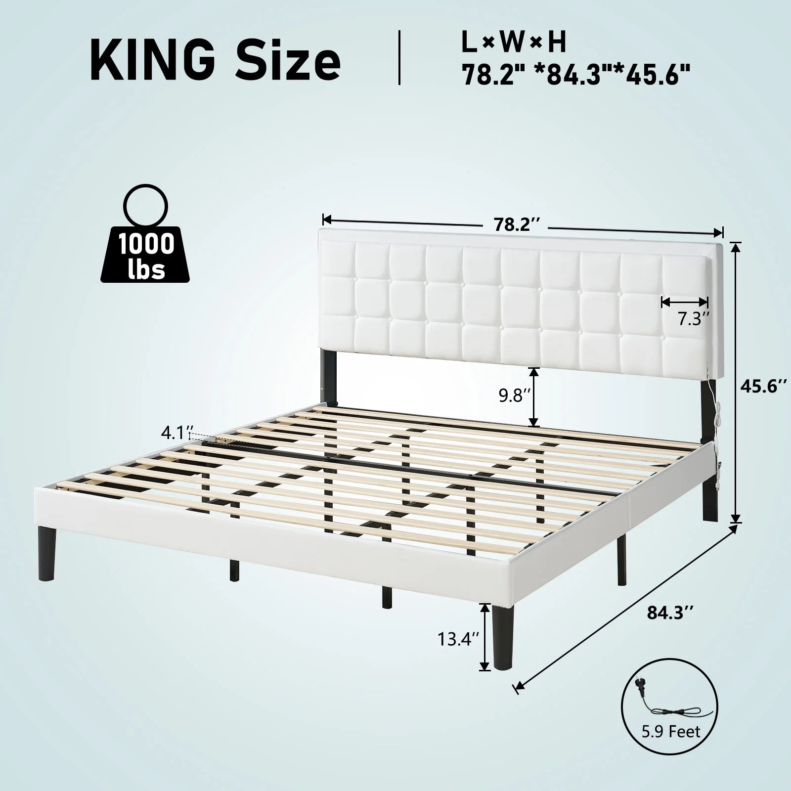 LUXOAK King Size Bed Frame with LED Headboard, Linen Button Tufted Upholstered Platform Bed with USB Charging Station, Strong Wooden Slats Support, No Box Spring Needed, White