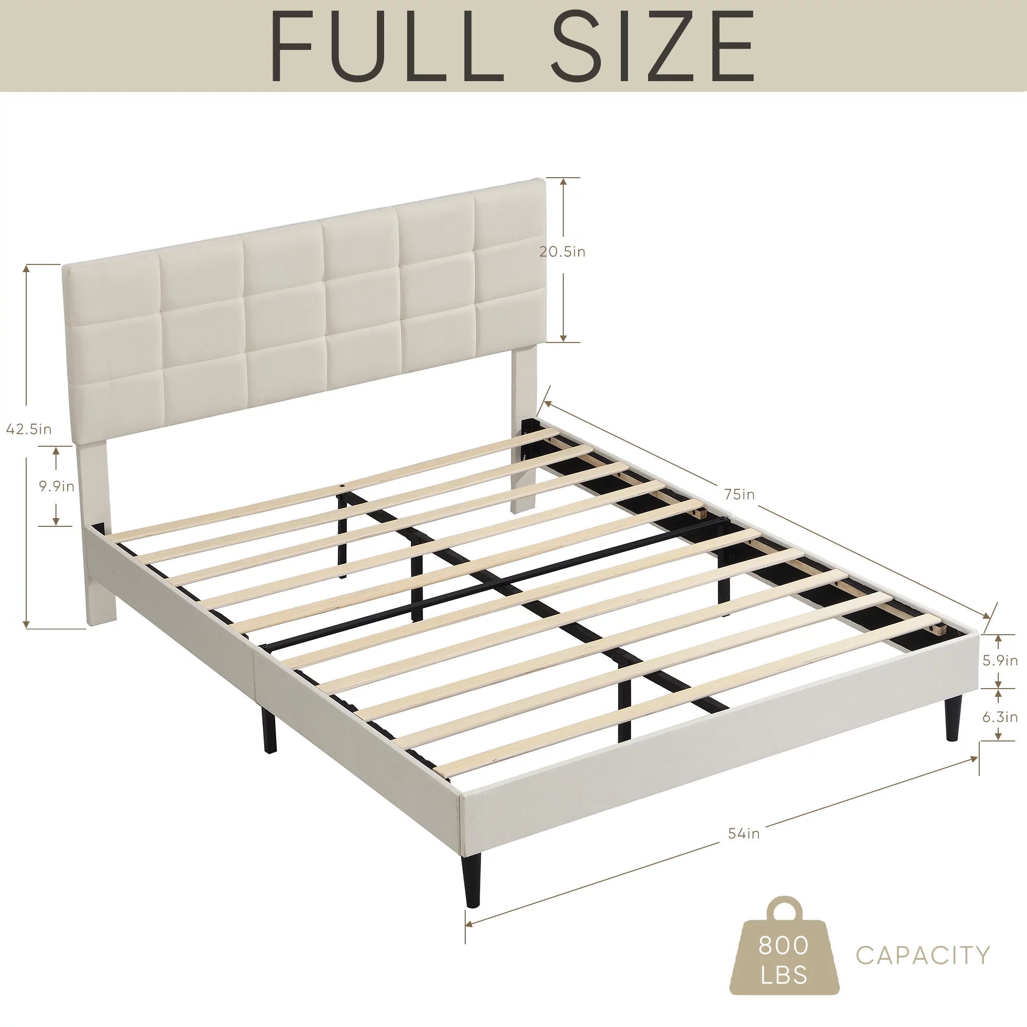 PAPROOS Upholstered Full Bed Frame, New Upgraded Fabric Platform Bed with Headboard, Strong Wooden Slats Support, Full Size Bed for Boys Girls Teens Adults, Holds 800lbs, No Box Spring Needed, Beige