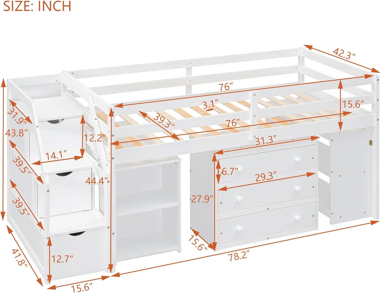 Low Lof Bed Wih Sairs Ad Desk, Size Lof Bed Frame Wih Sorage Drawers Ad Shelves, Wood Kids Lof Bed Wih Seps For Boys Girls ees Juiors, Whie