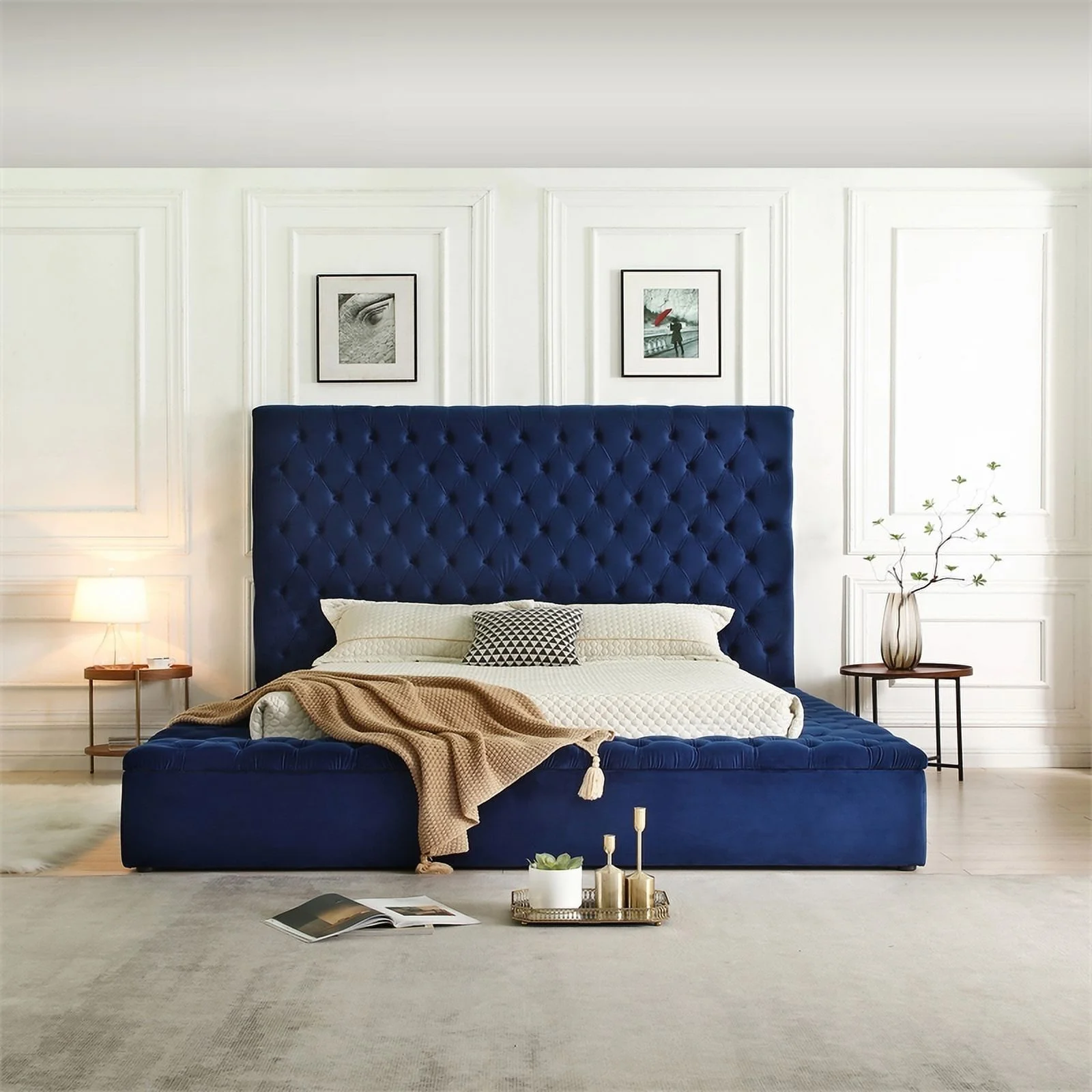Pemberly Row Contemporary Velvet Upholstered Platform King Bed in Blue