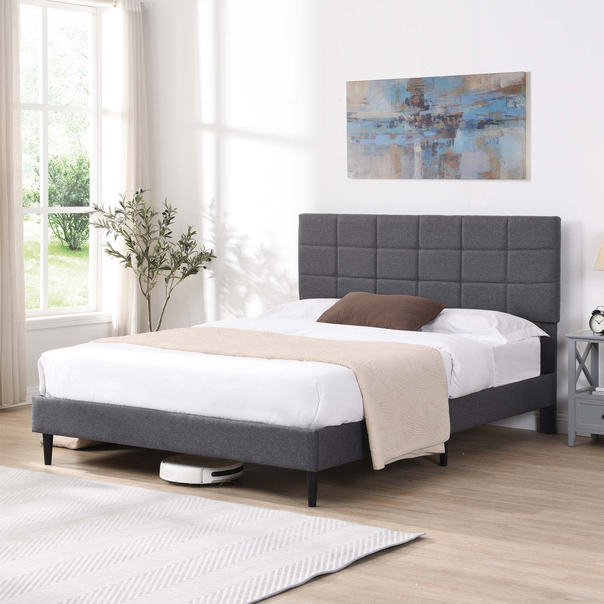 Momspeace Bed Frame Queen Size with Headboard and Strong Wooden Slats Upholstered Platform Bed, Gray