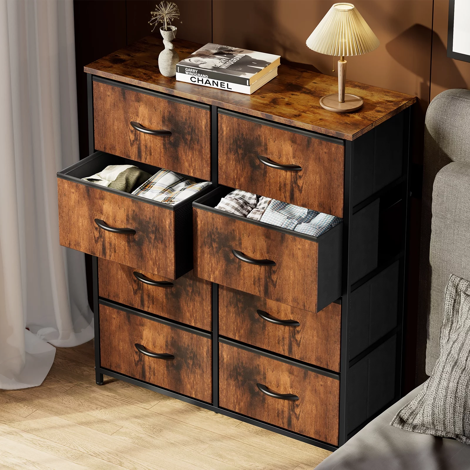 Sweetcrispy Dresser for Bedroom with 8 Drawers Tall Dresser & Chest of Drawers Fabric Dresser with Wood Top and Sturdy Steel Frame Brown
