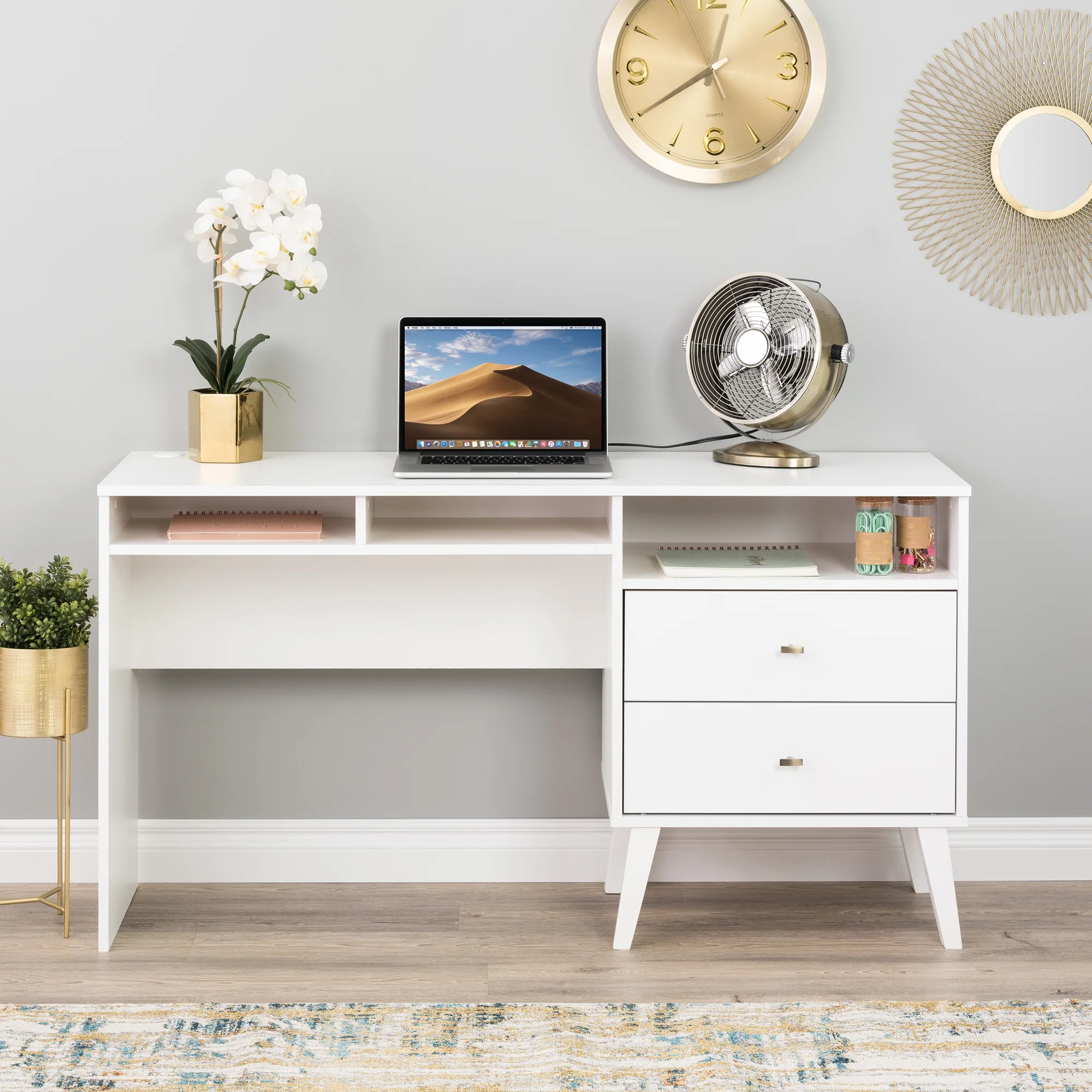 Prepac Milo Mid Century Modern Computer Desk with Side Storage and 2 Drawers, White