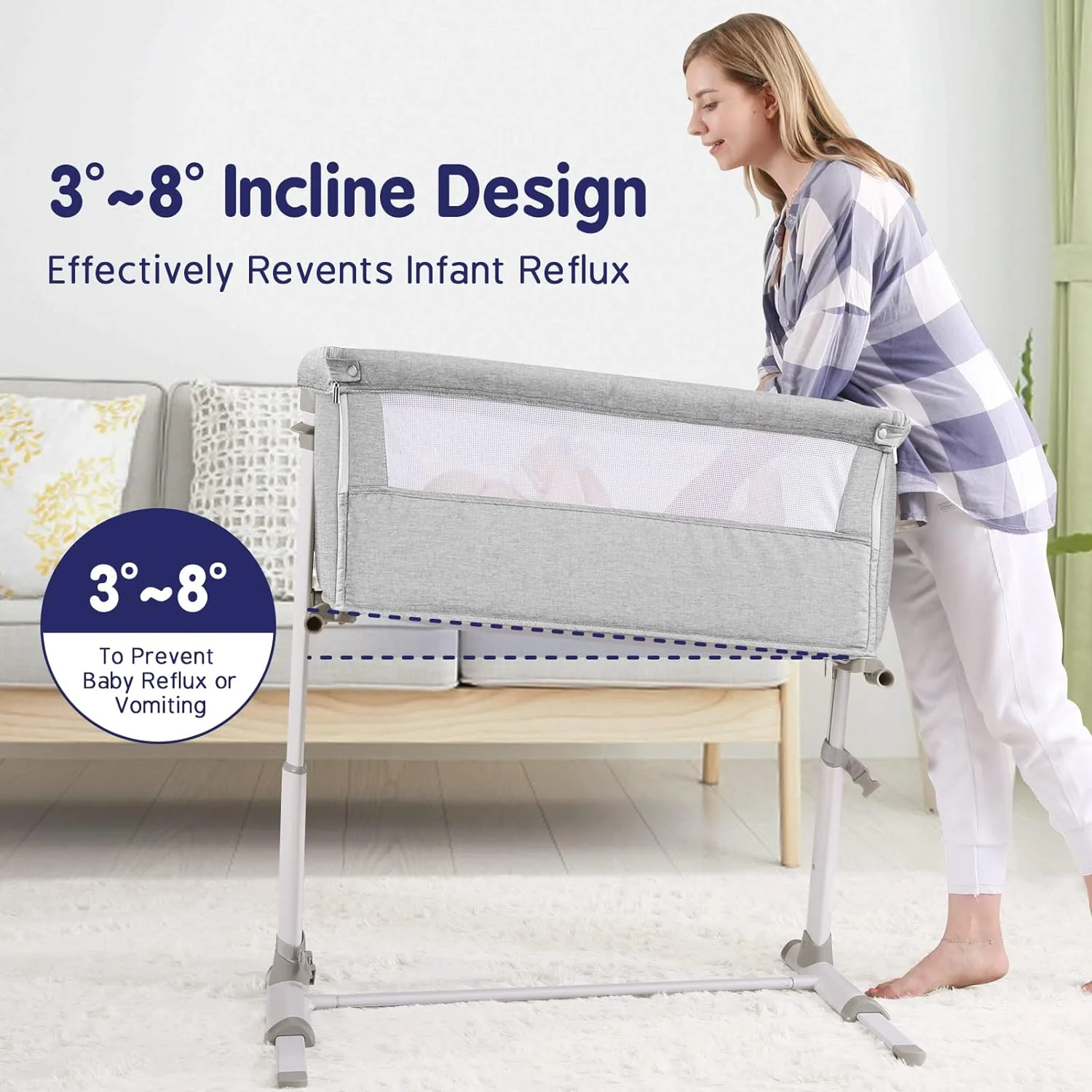 OUWI Baby Bassinet, Bedside Sleeper for Baby with Comfy Mattress, Adjustable Bedside Crib with 9 Height Positions, Easy to Assemble Bassinets for Baby