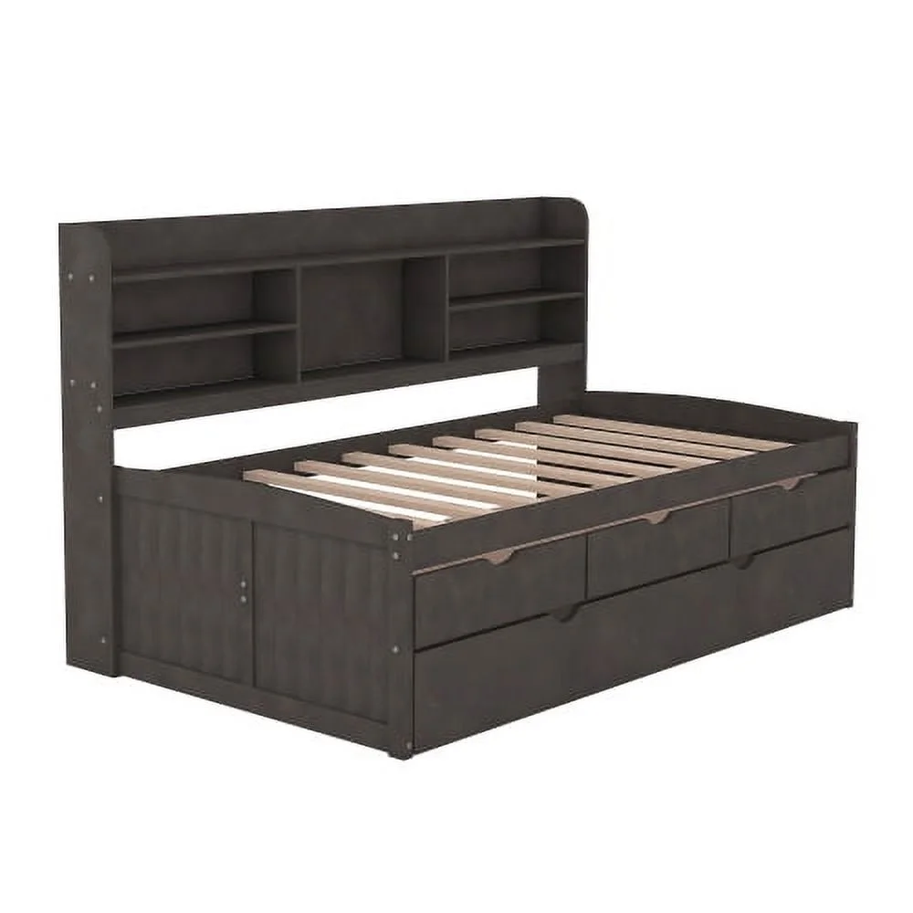 Motent Twin Size Wooden Captain Bed with Built-in Bookshelves,Three Storage Drawers and Trundle, Bedroom, Brown
