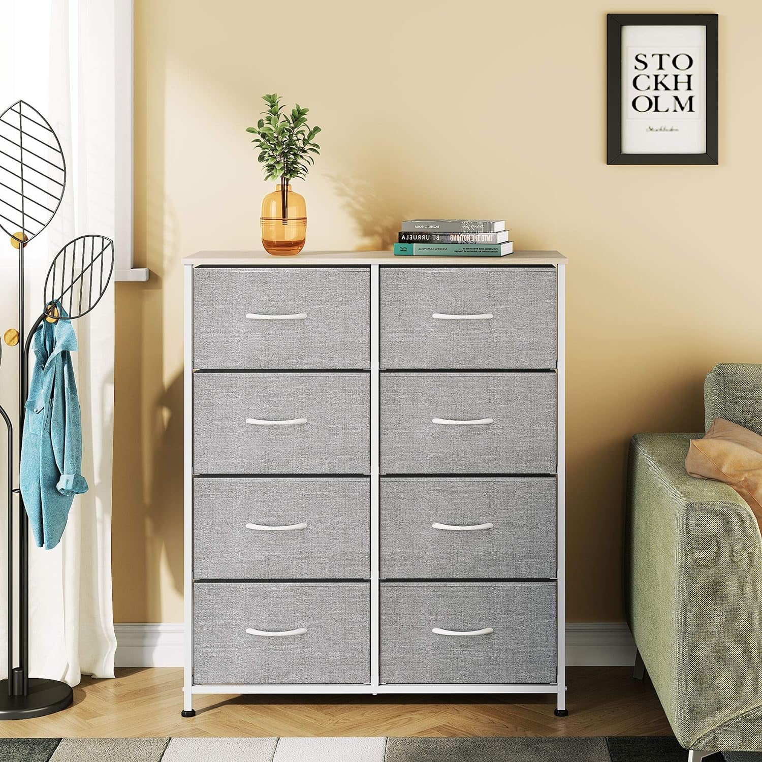 xrboomlife Fabric Dresser with 8 Drawers Dresser for Bedroom Hallway Nursery Entryway Closets Sturdy Metal Frame Wood Tabletop Easy Pull Handle Gray