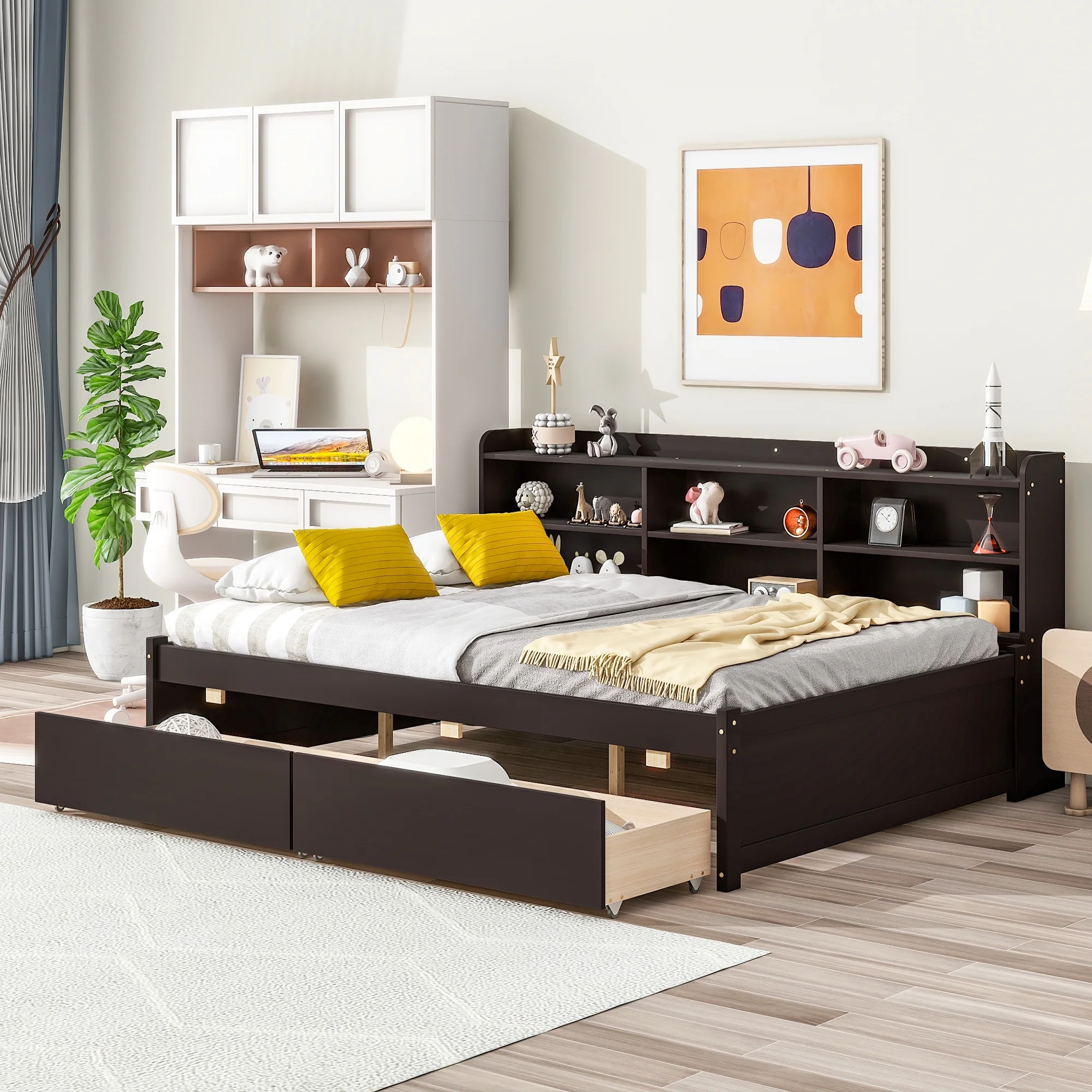Espresso Full Bed with Side Bookcase, Drawers for Storage