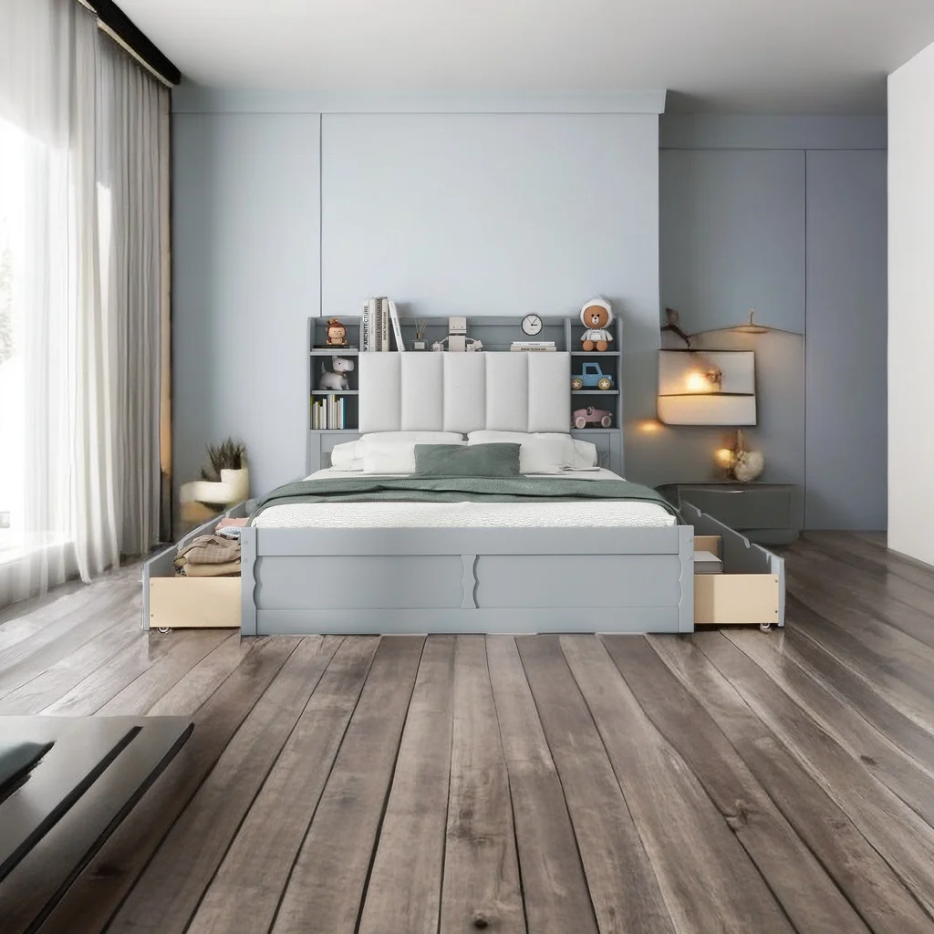 Wood Queen Size Platform Bed with Storage Bookcase Headboard, Shelves and 4 Drawers,No Box Spring Needed