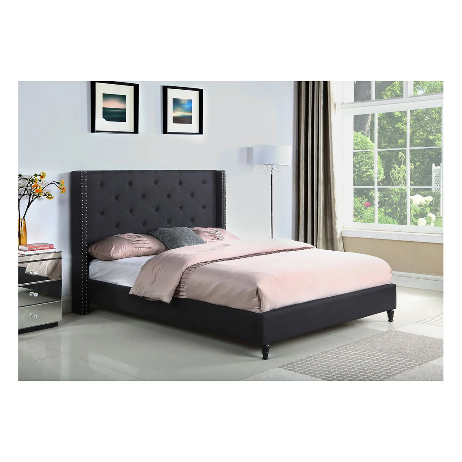 Best Master Furniture Veronica Tufted Wingback Platform Bed Black, Queen