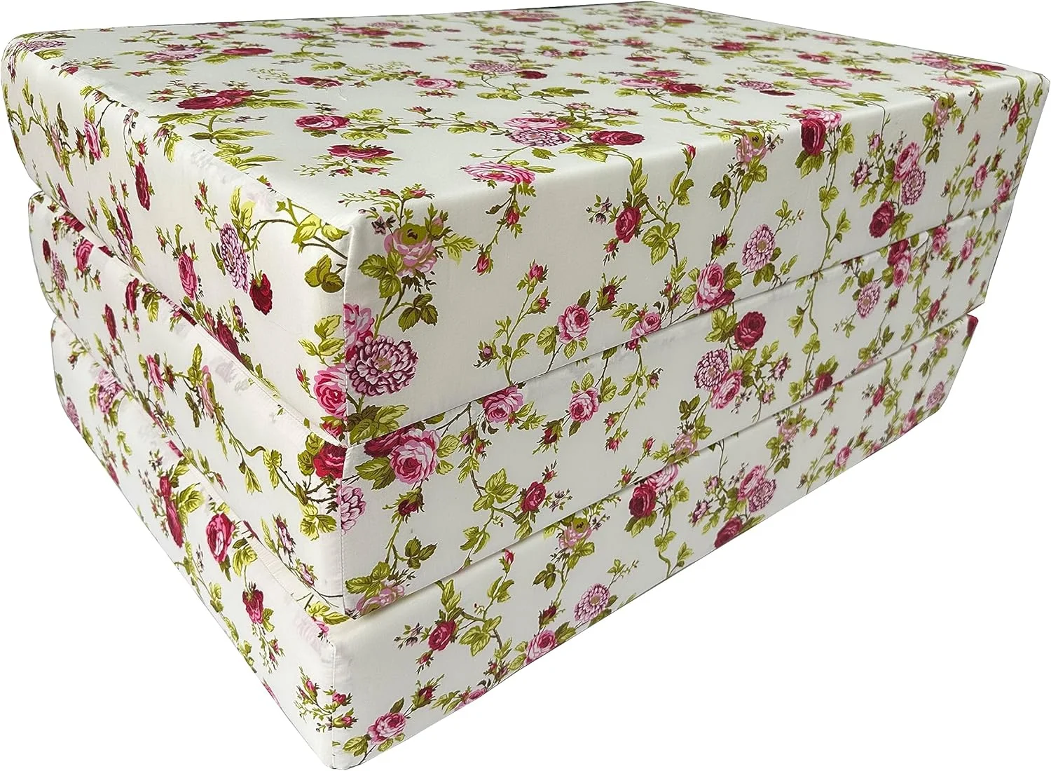 RUNFAYBIU D&D Futon Red Rose White Twin Size Shikibuton Trifold Beds Covertible Ottoman Folding Mattress 75 x 39 x 6 High Density Foam